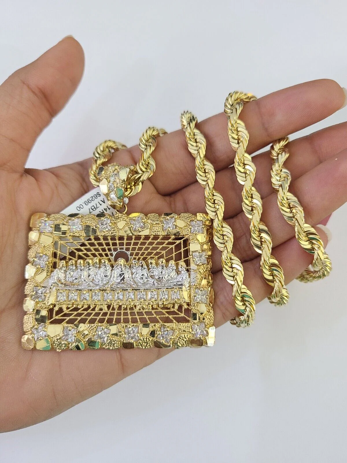 Real 14k Solid Rope Chain Last Supper Charm Set 6mm 18"-30" Necklace Gold - Image 3