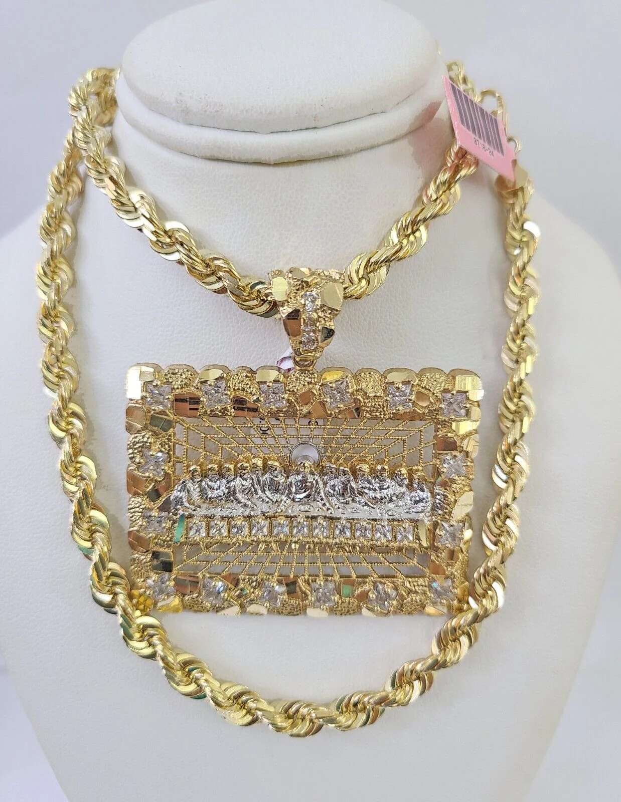 Real 14k Solid Rope Chain Last Supper Charm Set 6mm 18"-30" Necklace Gold - Image 6