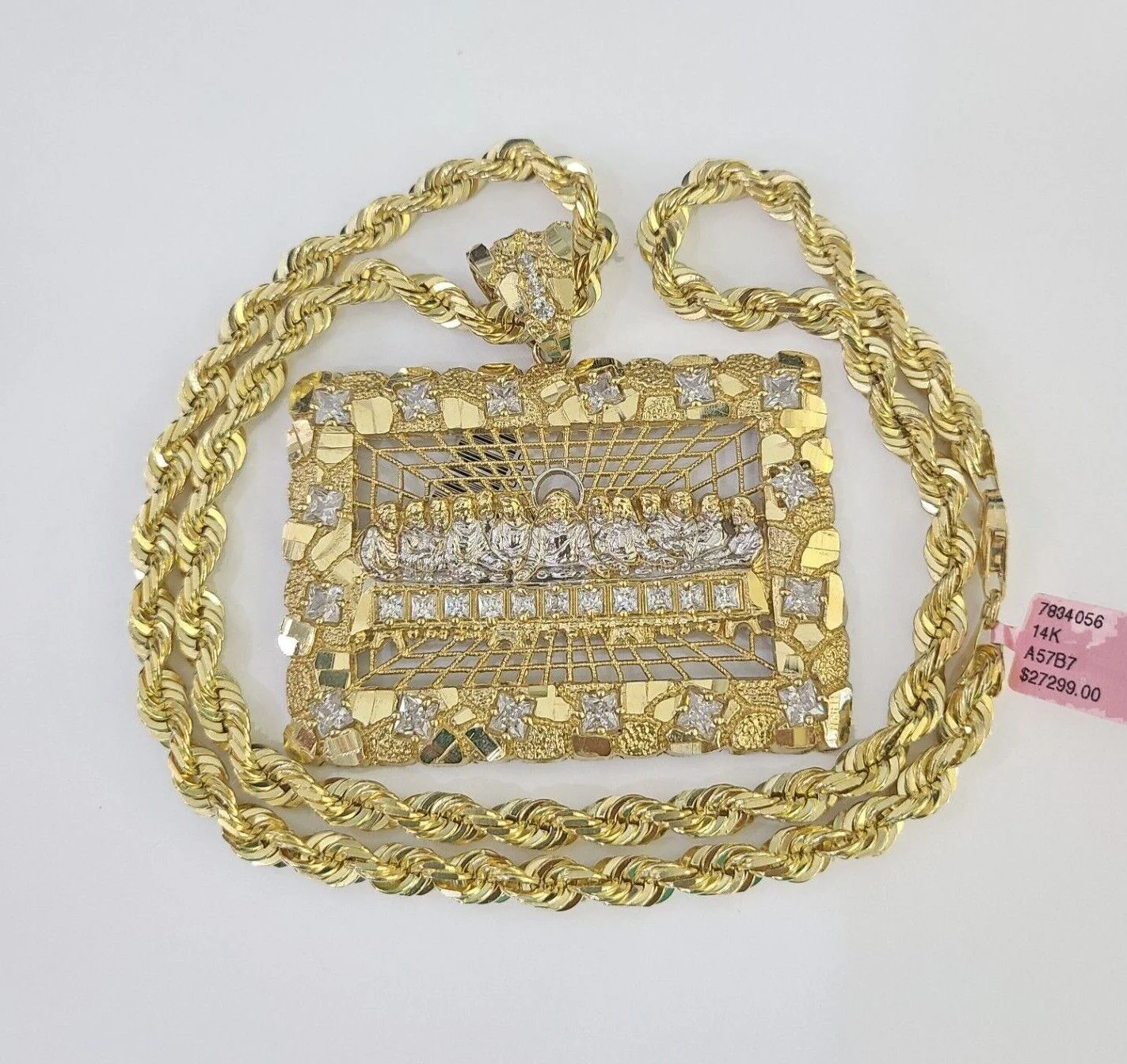 Real 14k Solid Rope Chain Last Supper Charm Set 6mm 18"-30" Necklace Gold - Image 3