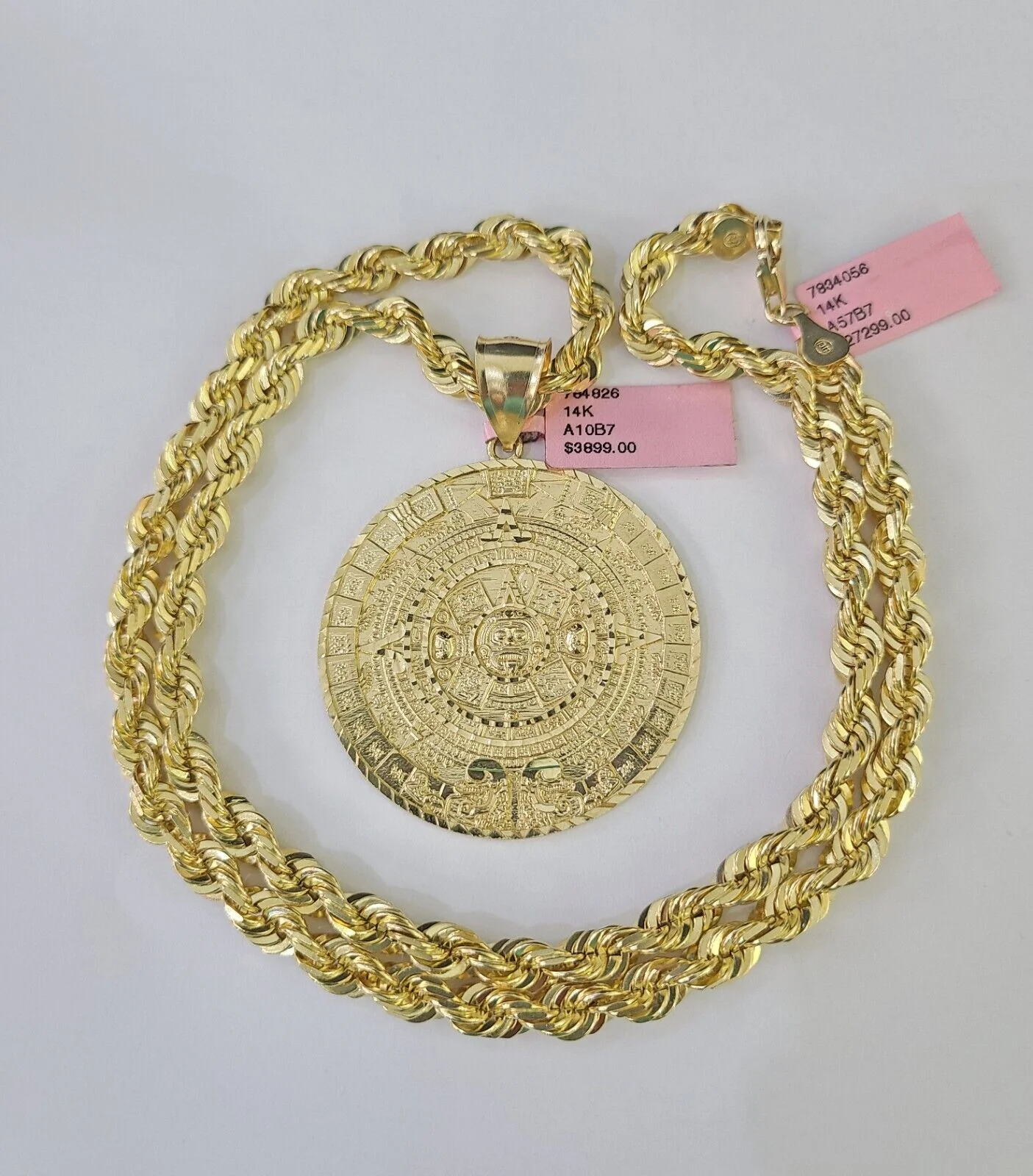 Real 14k Solid Rope Chain Mayan Calendar Charm Set 6mm 18"-30" Necklace Gold - Image 3