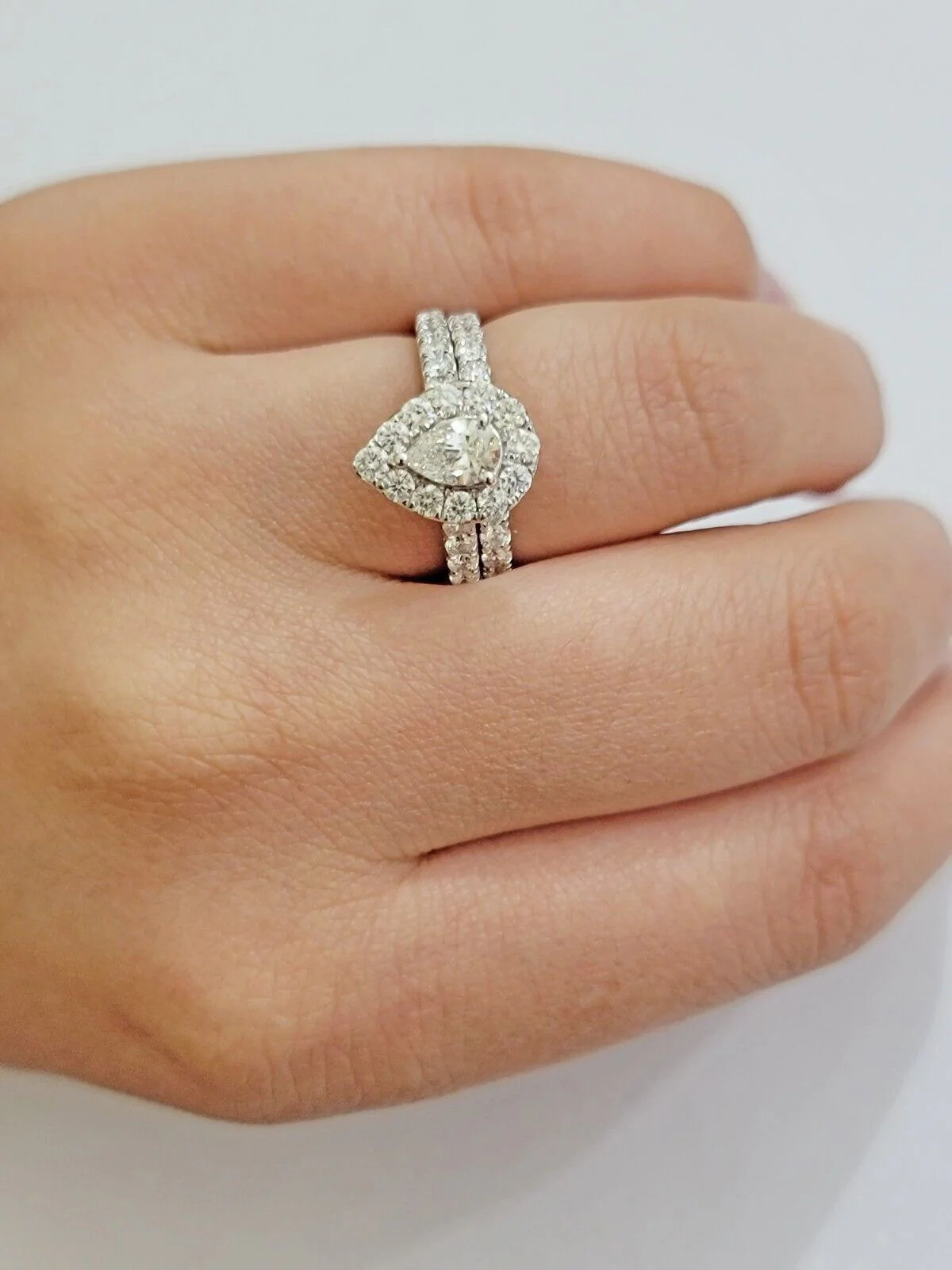 Real 14k White Gold 2CT Diamond Ladies Ring Engagement Wedding Pear SET Genuine - Image 6