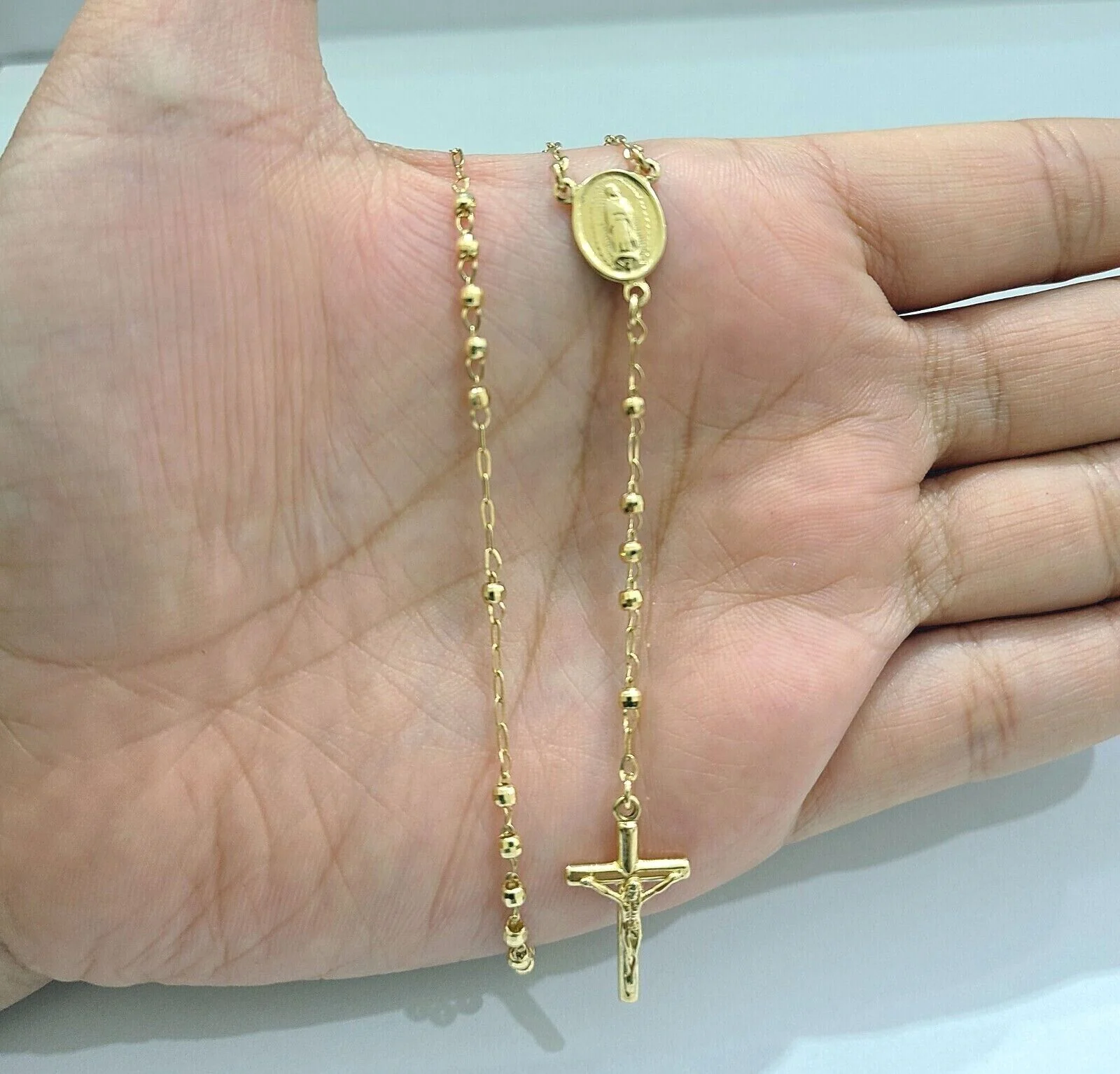 Real 14k Yellow Gold 2mm Rosary Chain 18" inch Necklace And Jesus cross Pendant - Image 3