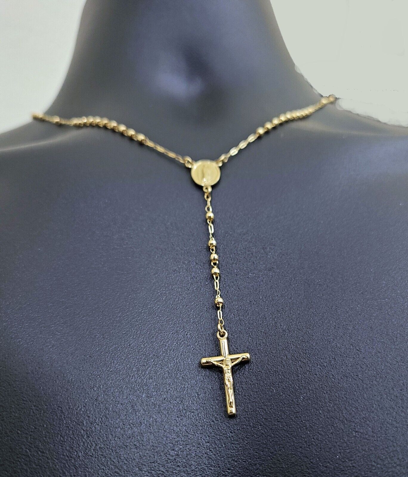Real 14k Yellow Gold 2mm Rosary Chain 18" inch Necklace And Jesus cross Pendant - Image 4