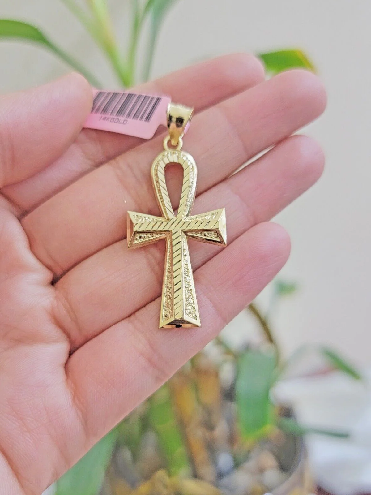 Real 14k Yellow Gold Ankh charm pendant 1.75 Inch Diamond Cuts Charm for Chains - Image 2