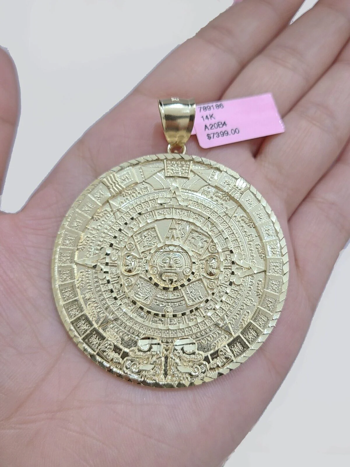 Real 14K Yellow Gold Aztec Calendar Charm Solid Pendant For Chain 14KT Necklace - Image 2