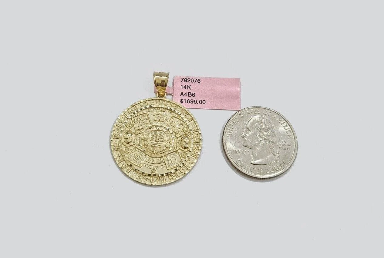 Real 14K Yellow Gold Aztec Calendar Charm Solid Pendant For Chain 14KT Necklace - Image 4