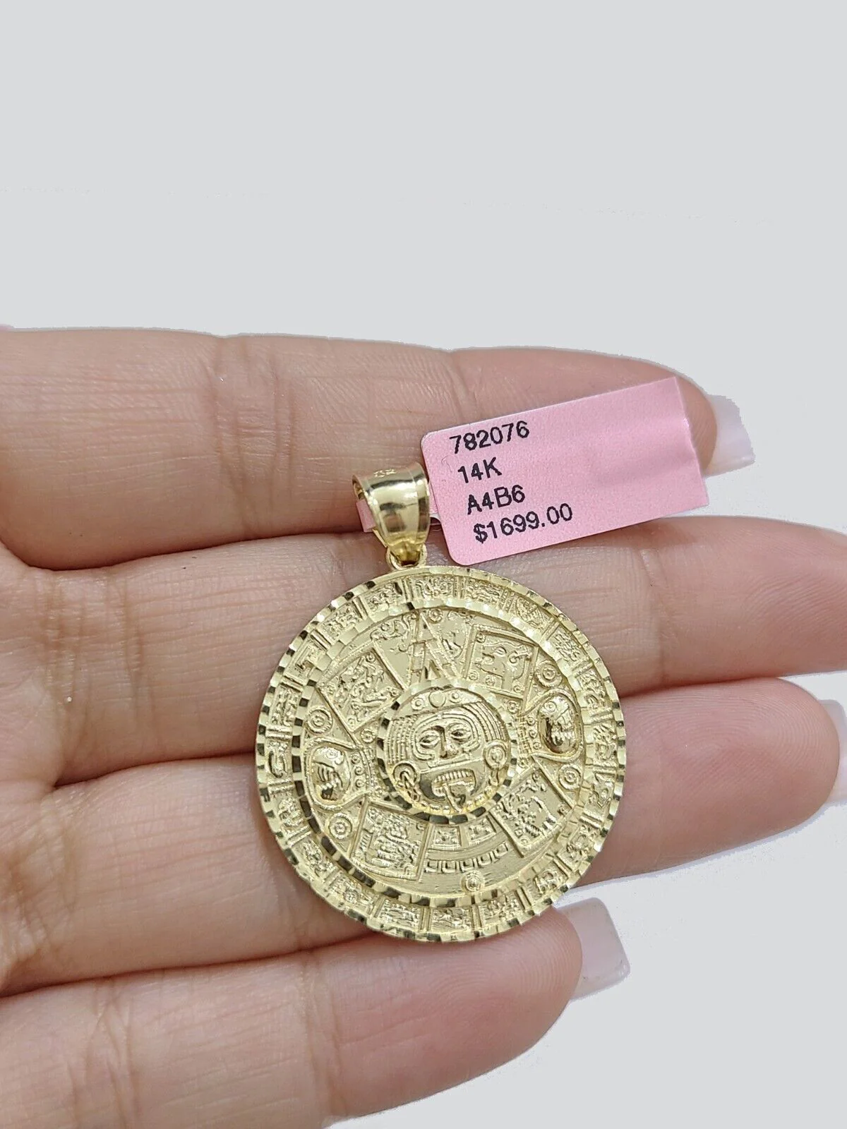 Real 14K Yellow Gold Aztec Calendar Charm Solid Pendant For Chain 14KT Necklace - Image 9