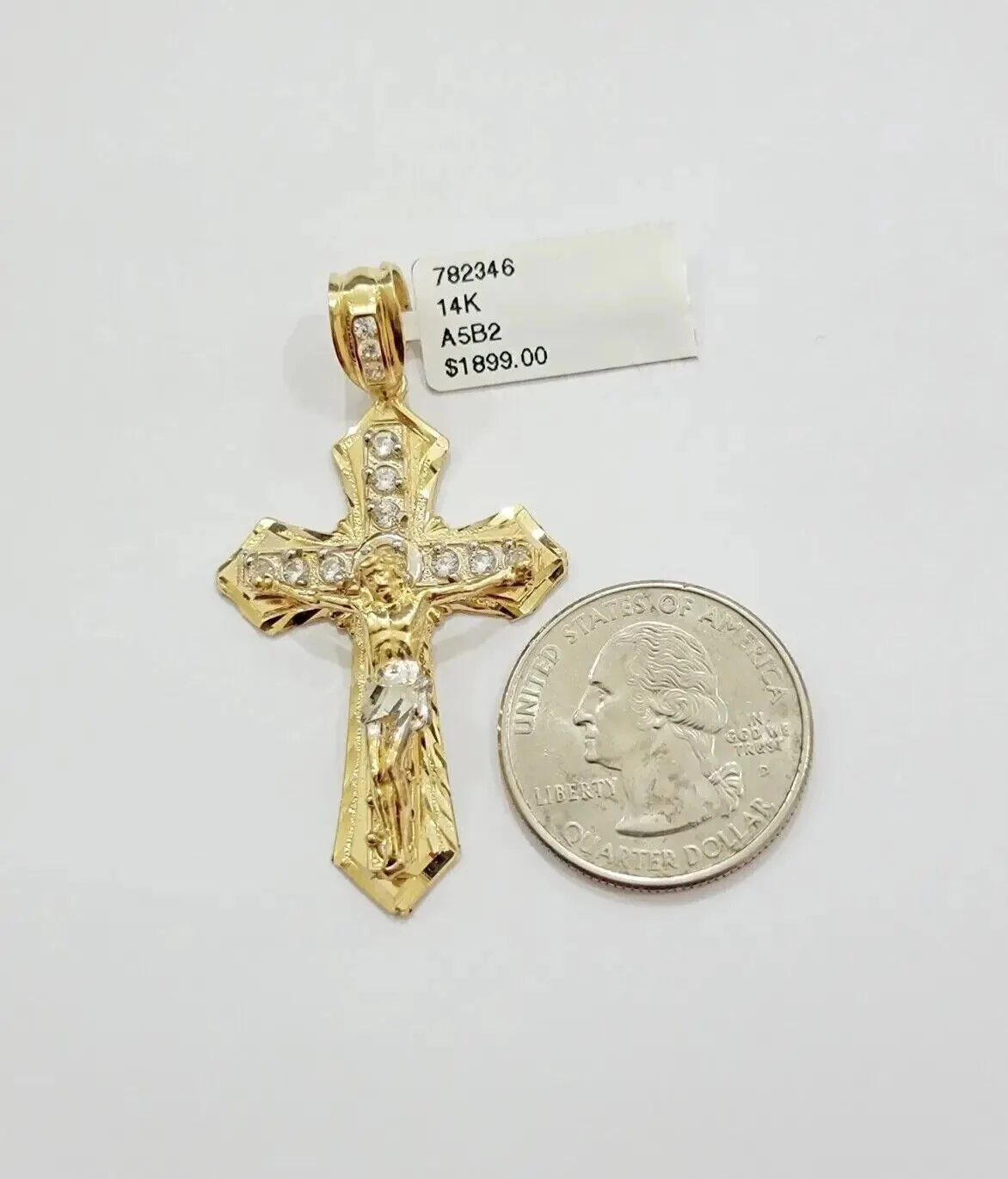 Real 14k Yellow Gold Cross Charm Pendant 14kt Jesus Crucifix With Stone For Mens - Image 3