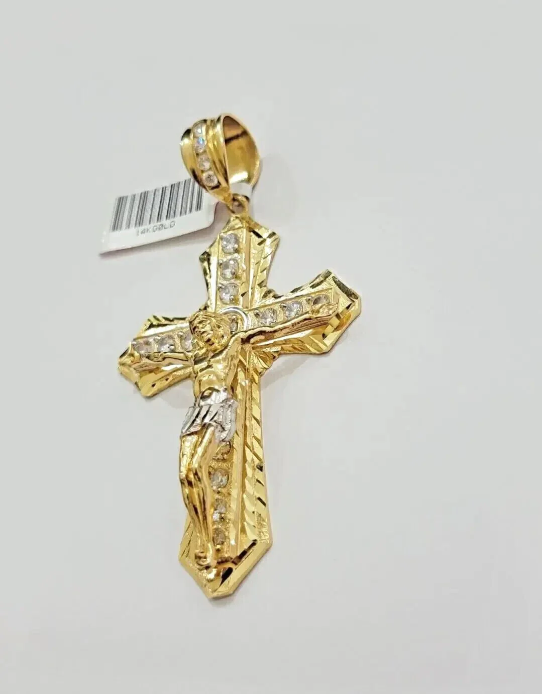 Real 14k Yellow Gold Cross Charm Pendant 14kt Jesus Crucifix With Stone For Mens - Image 5