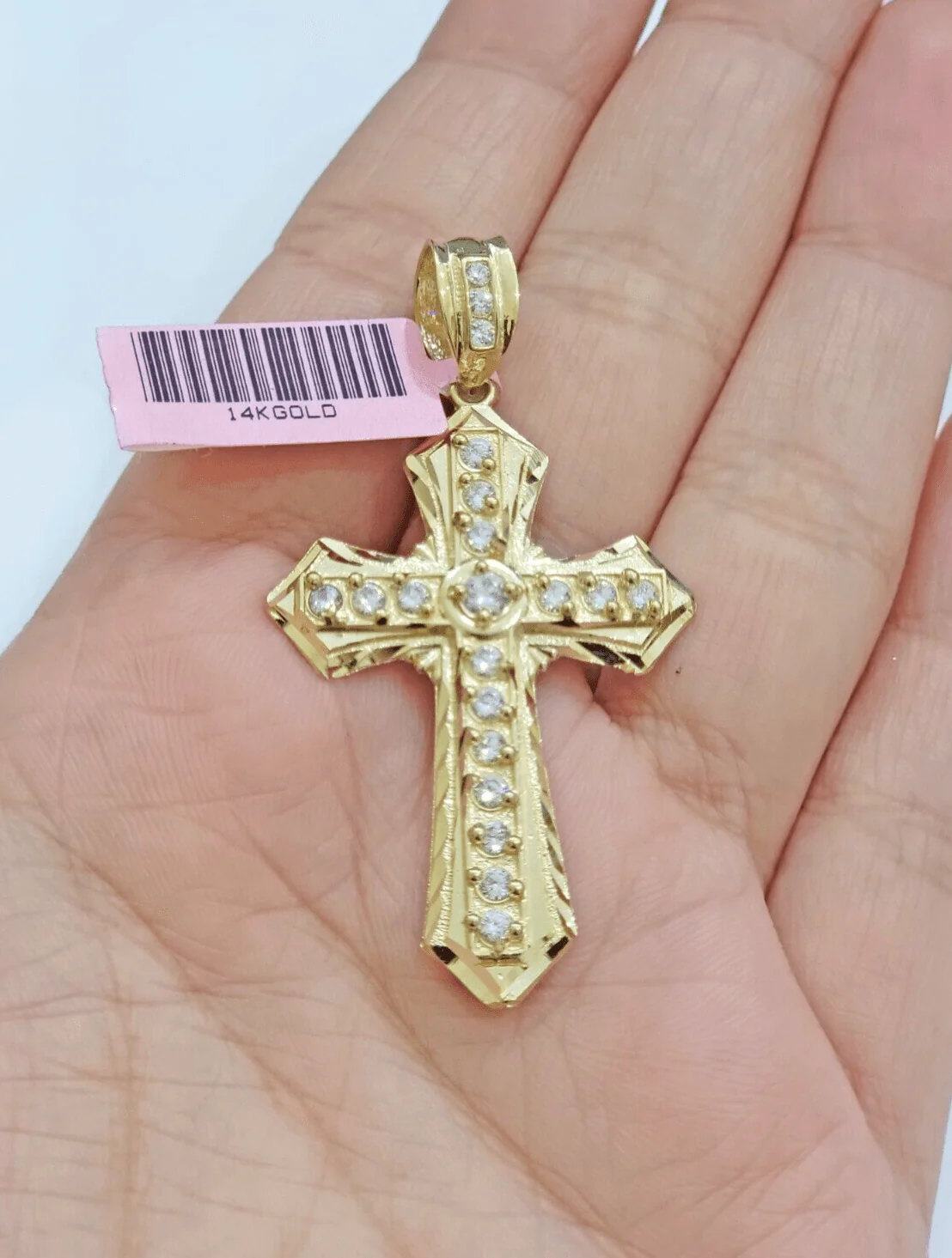 Real 14k Yellow Gold Cross Charm Pendant 2 Inch Diamond Cuts CZ Charm For Chains - Image 3