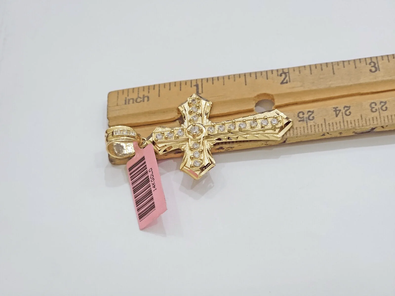 Real 14k Yellow Gold Cross Charm Pendant 2 Inch Diamond Cuts CZ Charm For Chains - Image 4