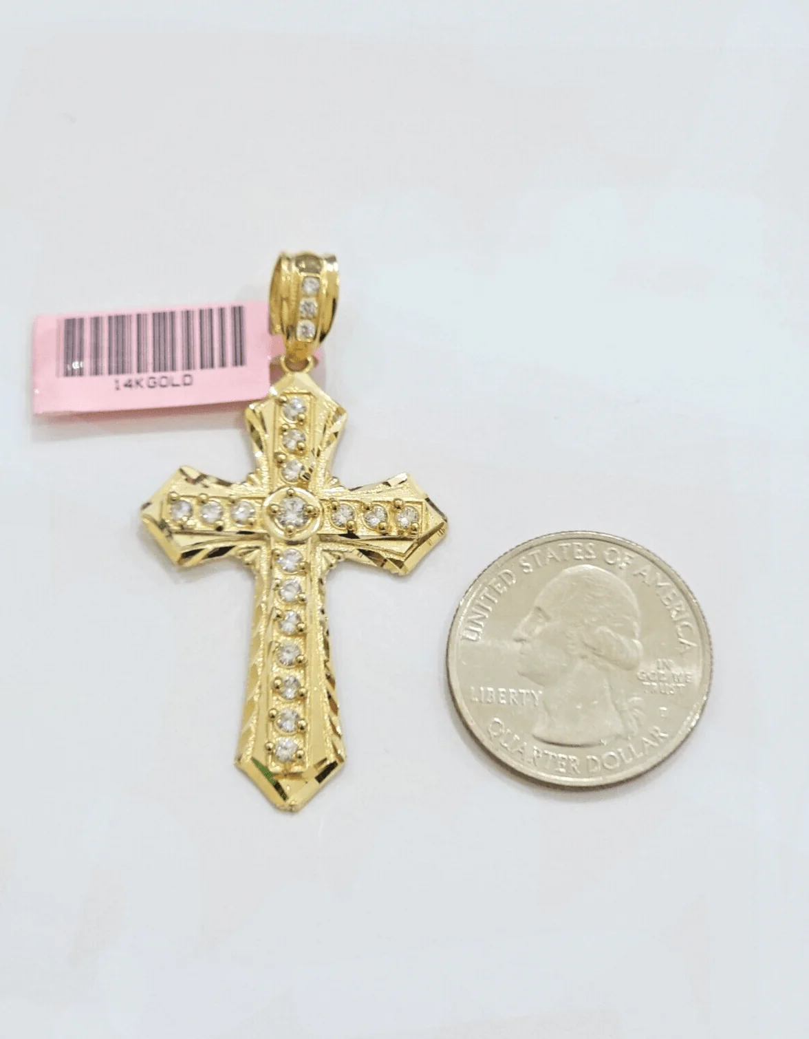 Real 14k Yellow Gold Cross Charm Pendant 2 Inch Diamond Cuts CZ Charm For Chains - Image 5