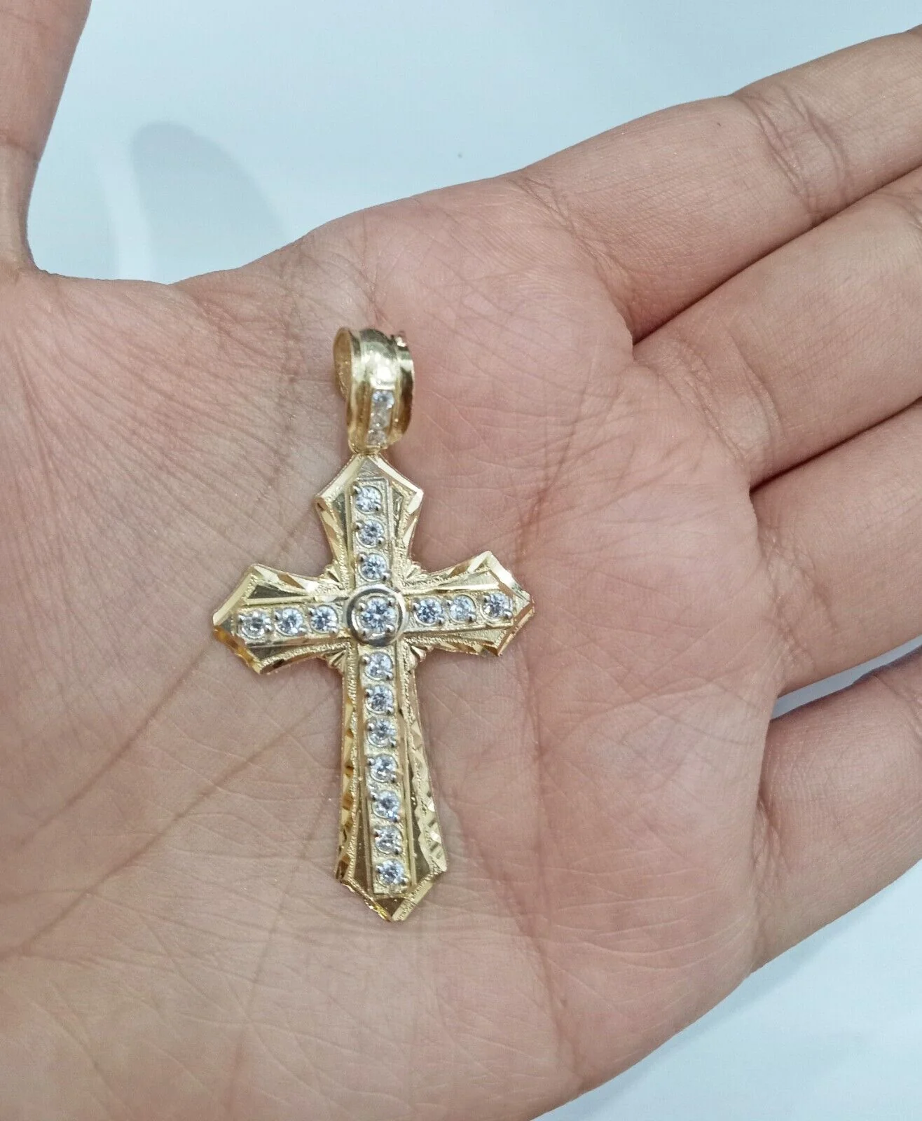 Real 14k Yellow Gold Diamond Cut Cross Charm Pendant 2" - Image 2