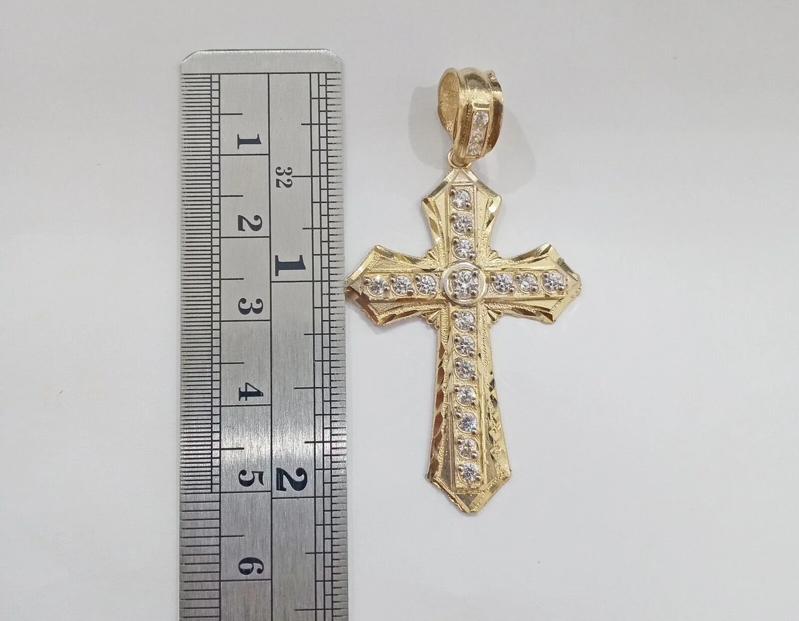 Real 14k Yellow Gold Diamond Cut Cross Charm Pendant 2" - Image 3
