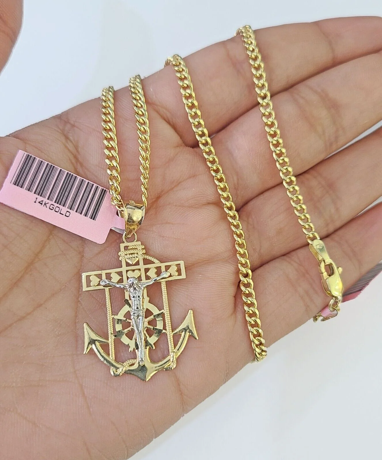 Real 14k Yellow Gold Jesus Anchor Charm Pendant &Miami Cuban Link Chain Necklace - Image 2