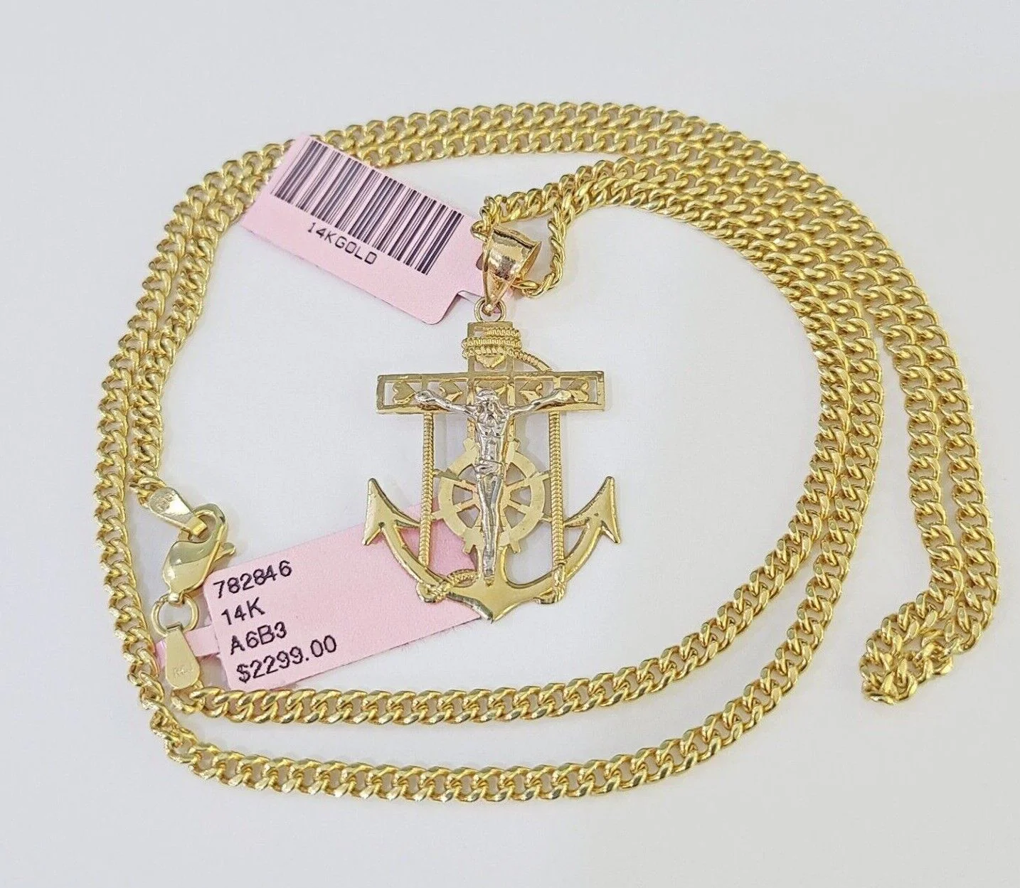 Real 14k Yellow Gold Jesus Anchor Charm Pendant &Miami Cuban Link Chain Necklace - Image 4
