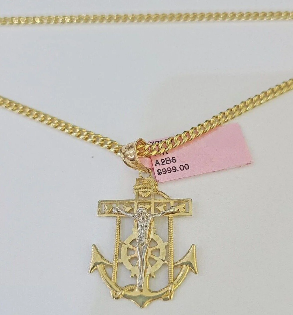 Real 14k Yellow Gold Jesus Anchor Charm Pendant &Miami Cuban Link Chain Necklace - Image 5