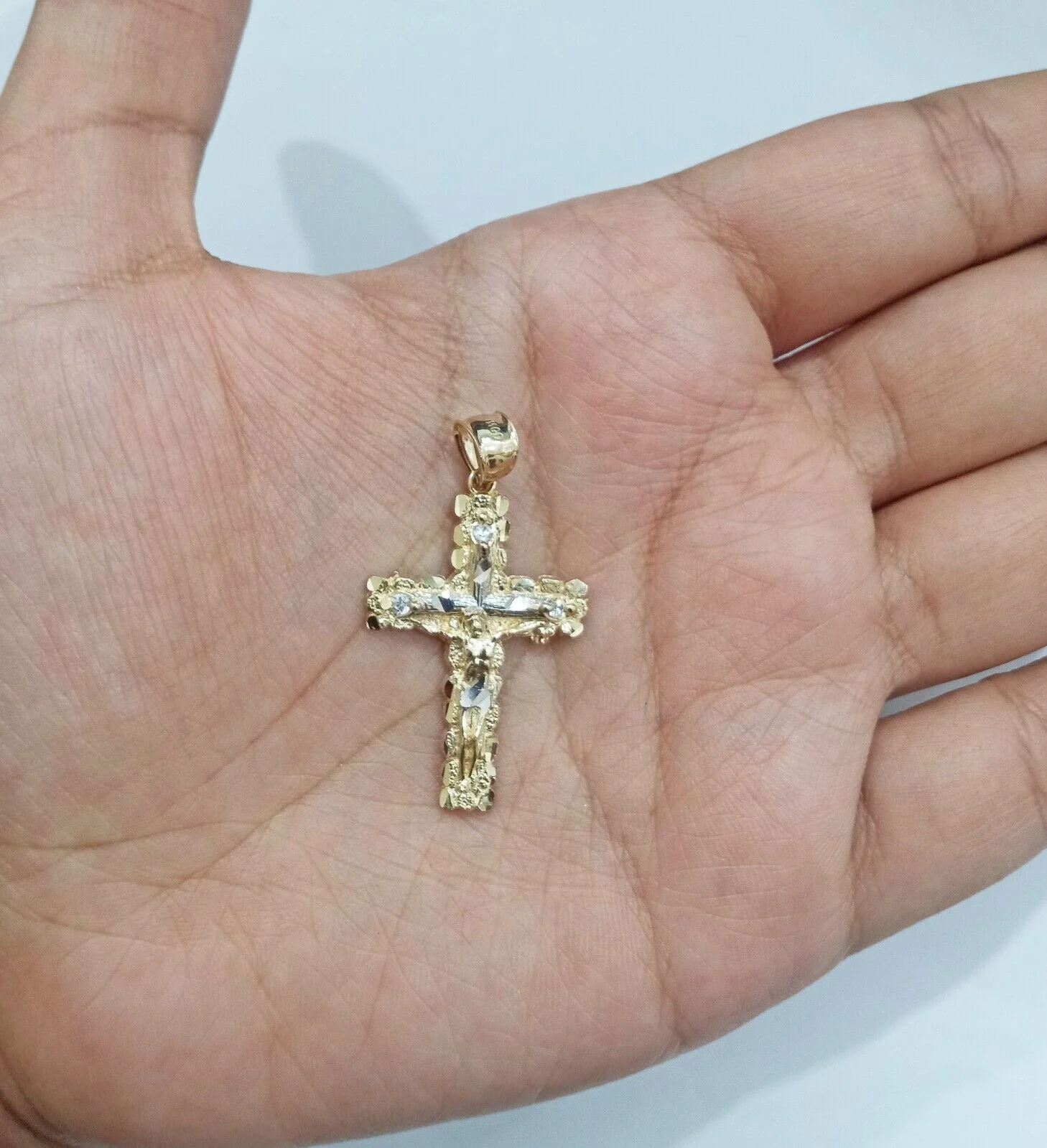 Real 14k Yellow Gold Jesus Crucifix Nugget Cross Charm Pendant 1.5"  inch - Image 2