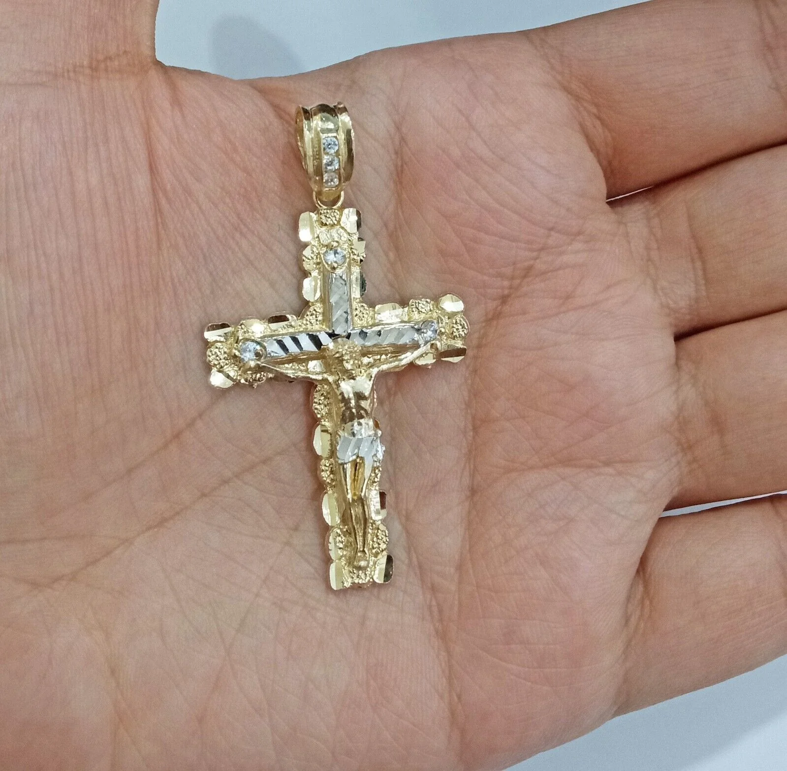 Real 14k Yellow Gold Nugget Jesus Cross Charm Pendant 2" 14kt Gold - Image 2