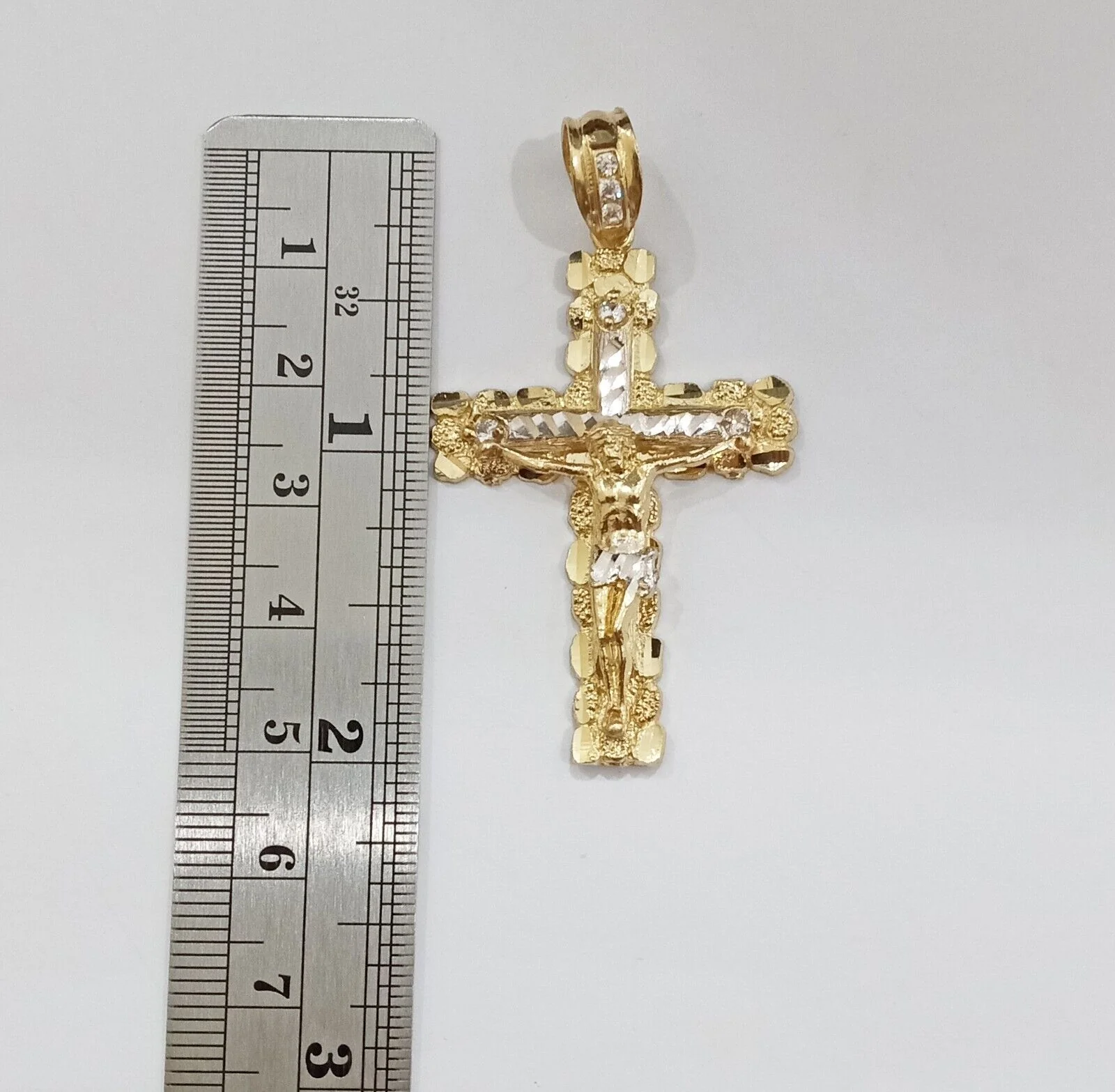 Real 14k Yellow Gold Nugget Jesus Cross Charm Pendant 2" 14kt Gold - Image 6