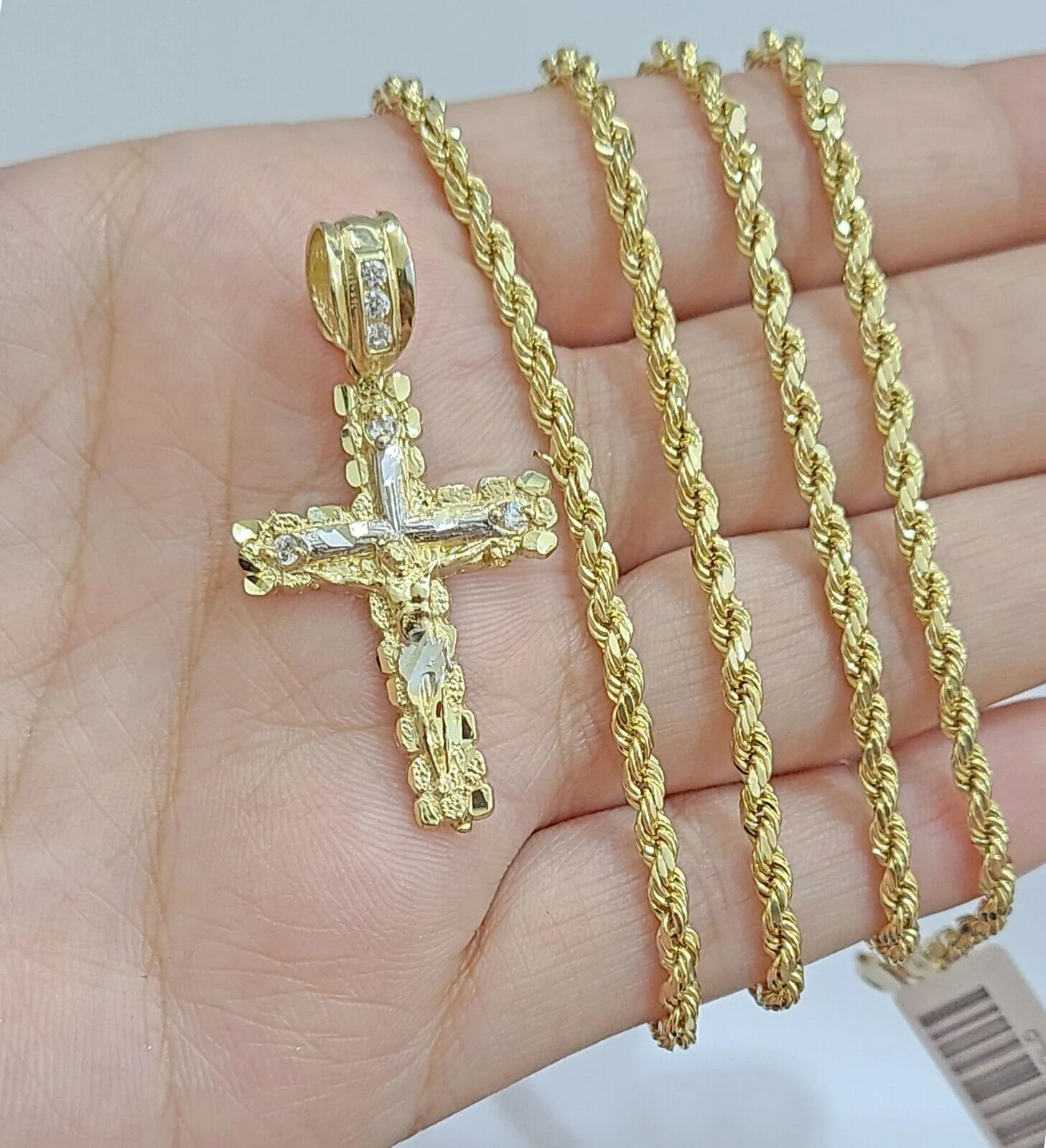 Real 14k Yellow Gold Rope Chain 24'' Necklace Jesus Crucifix Cross Charm Pendant - Image 2