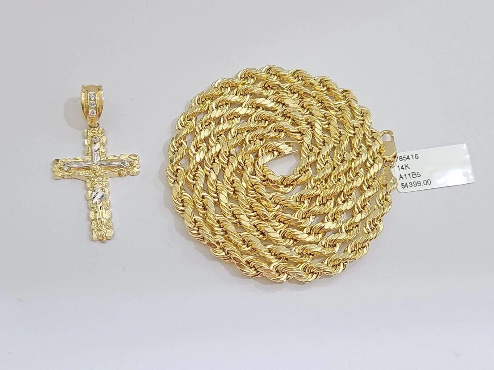 Real 14k Yellow Gold Rope Chain 26'' Necklace Jesus Crucifix Cross Charm Pendant - Image 2