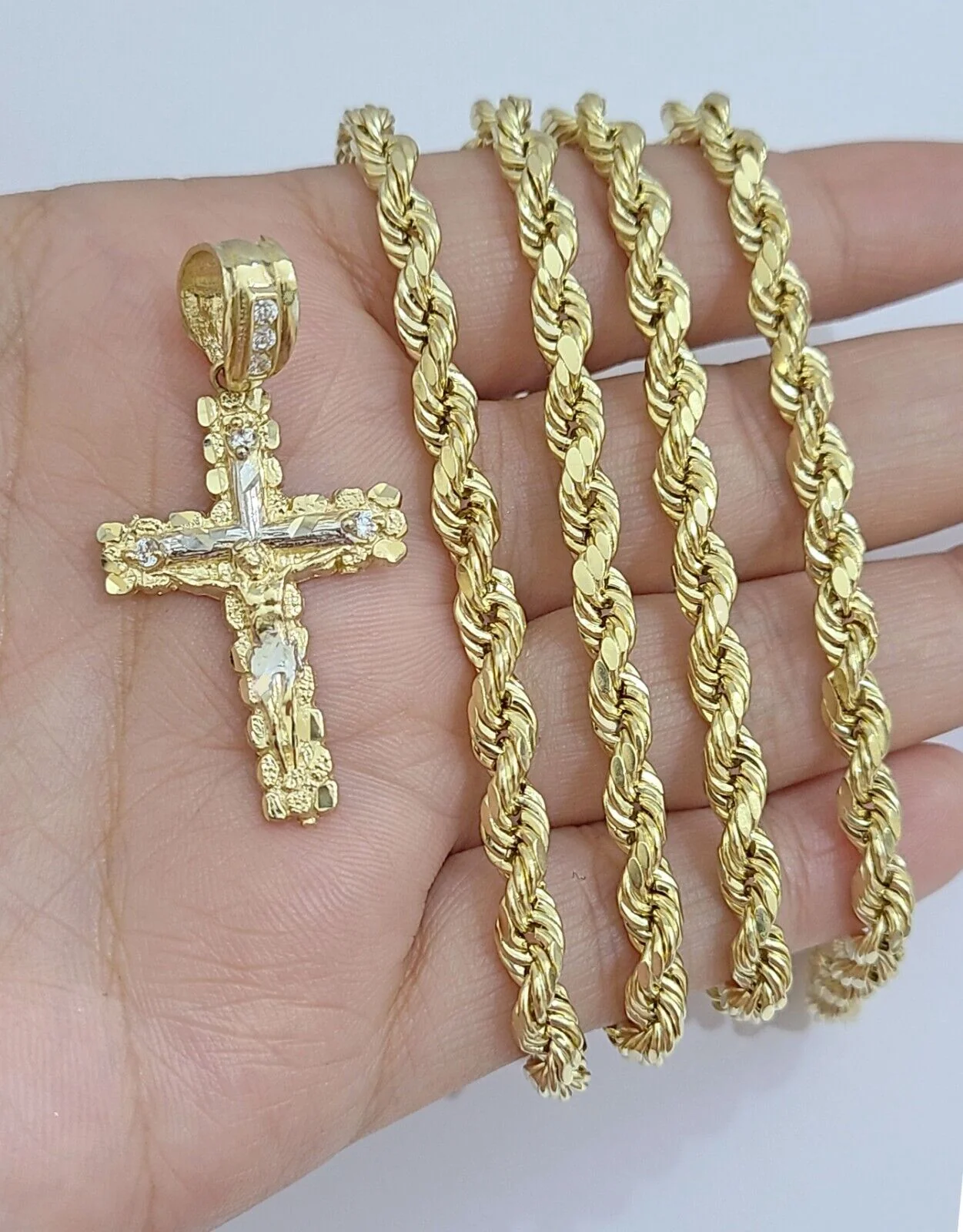 Real 14k Yellow Gold Rope Chain 26'' Necklace Jesus Crucifix Cross Charm Pendant - Image 3