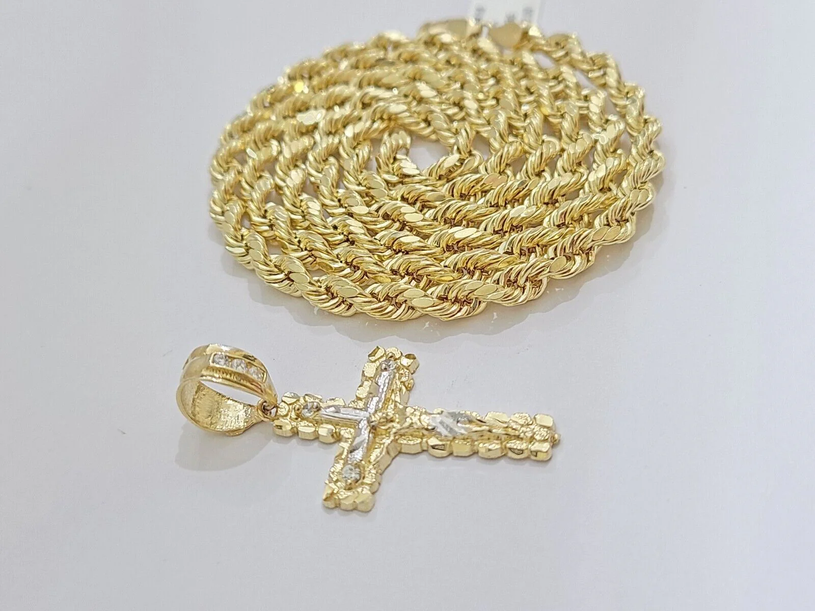 Real 14k Yellow Gold Rope Chain 26'' Necklace Jesus Crucifix Cross Charm Pendant - Image 4