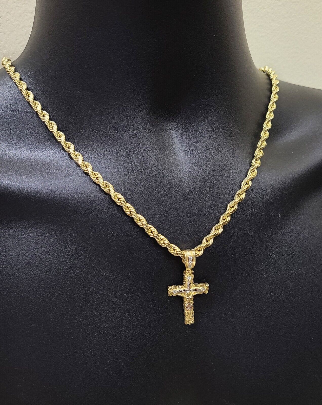 Real 14k Yellow Gold Rope Chain 26'' Necklace Jesus Crucifix Cross Charm Pendant - Image 5