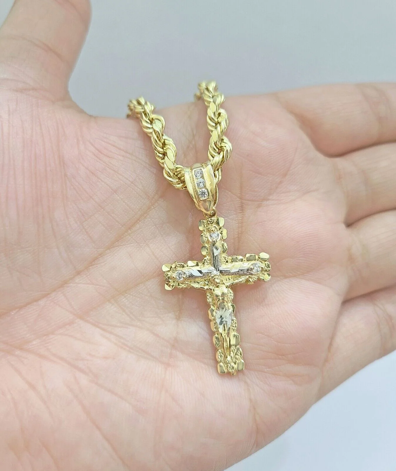Real 14k Yellow Gold Rope Chain 26'' Necklace Jesus Crucifix Cross Charm Pendant - Image 6