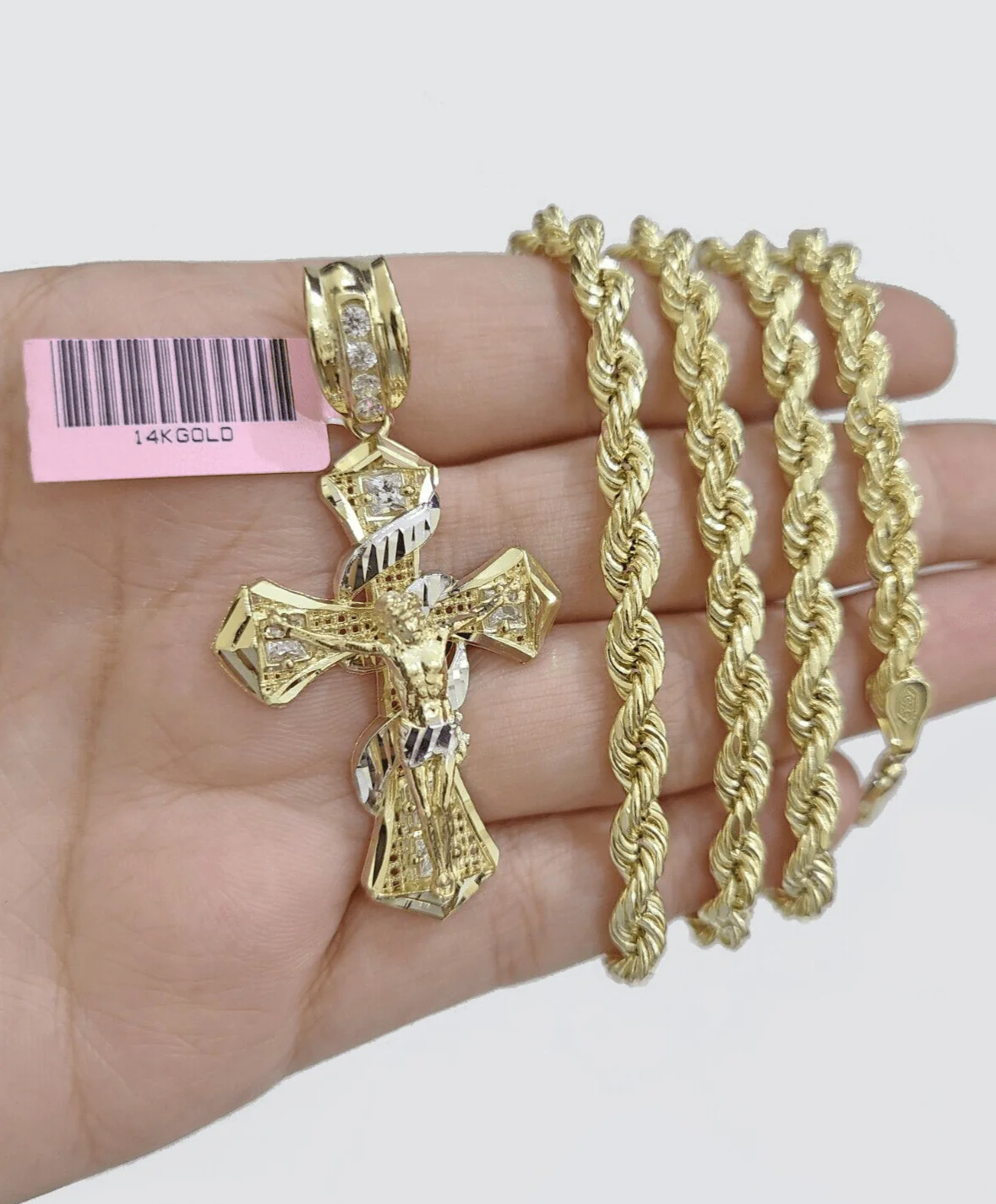 Real 14k Yellow Gold Rope Chain 5mm 20'' Necklace Jesus Cross Charm Pendant 14kt - Image 8