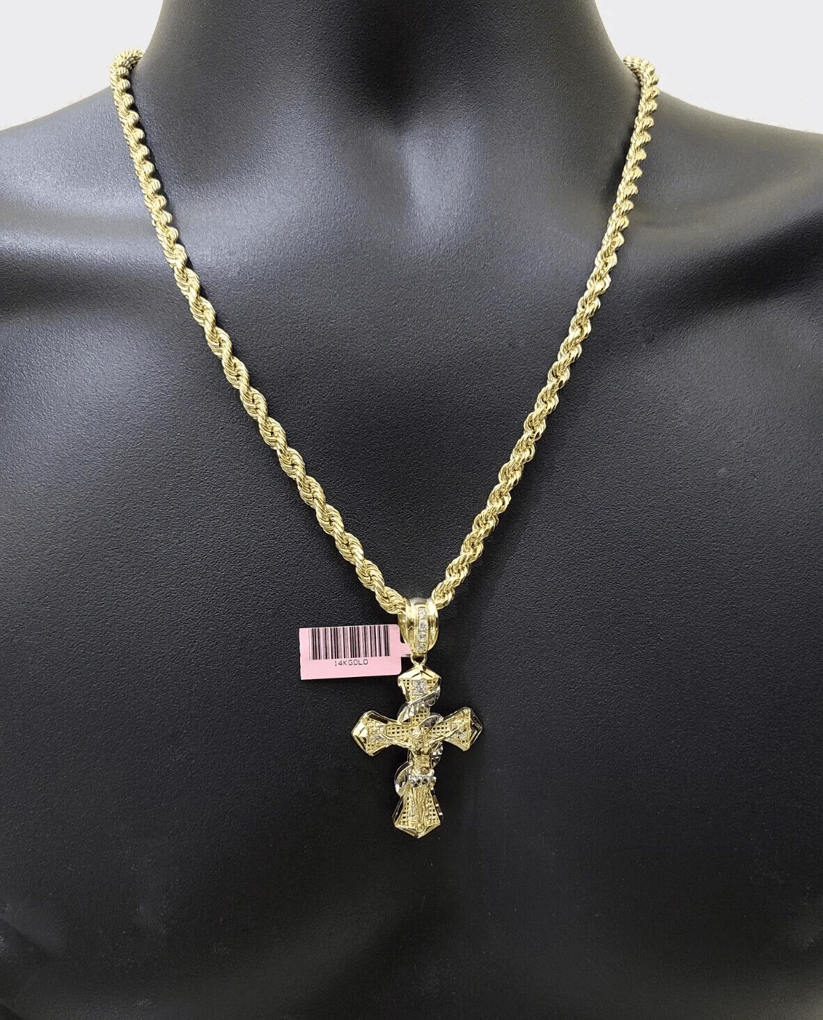 Real 14k Yellow Gold Rope Chain 5mm 22'' Necklace Jesus Cross Charm Pendant 14kt - Image 10