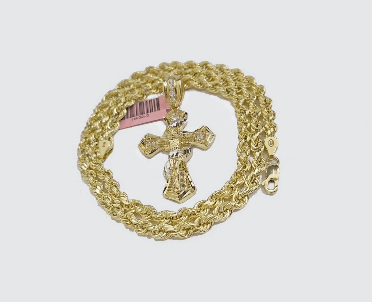Real 14k Yellow Gold Rope Chain 5mm 22'' Necklace Jesus Cross Charm Pendant 14kt - Image 11