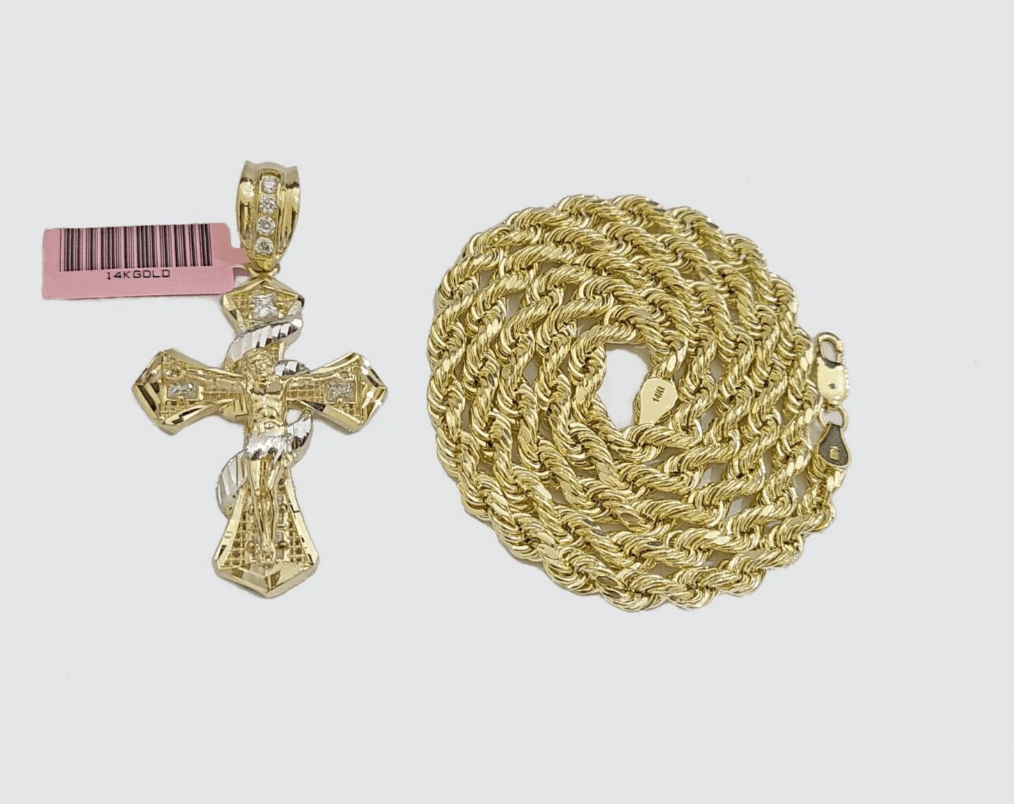 Real 14k Yellow Gold Rope Chain 5mm 26'' Necklace Jesus Cross Charm Pendant 14kt - Image 11