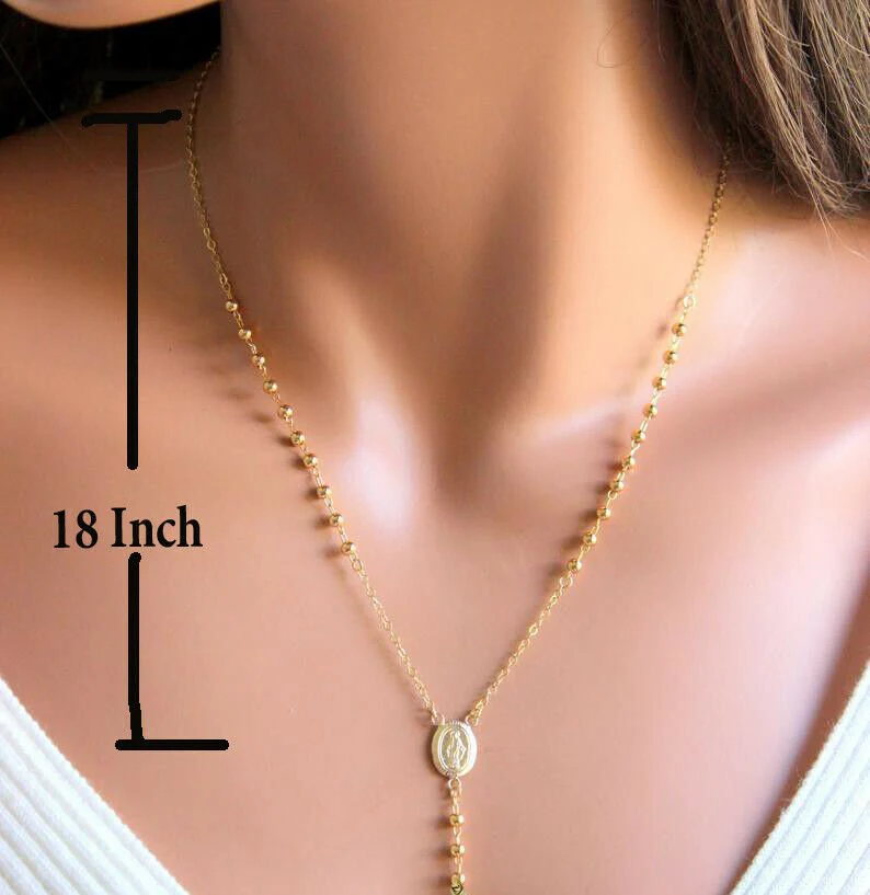 REAL 14KT Yellow Gold Rosary Necklace Ladies 24" Virgin Mary Jesus Cross Chain - Image 4