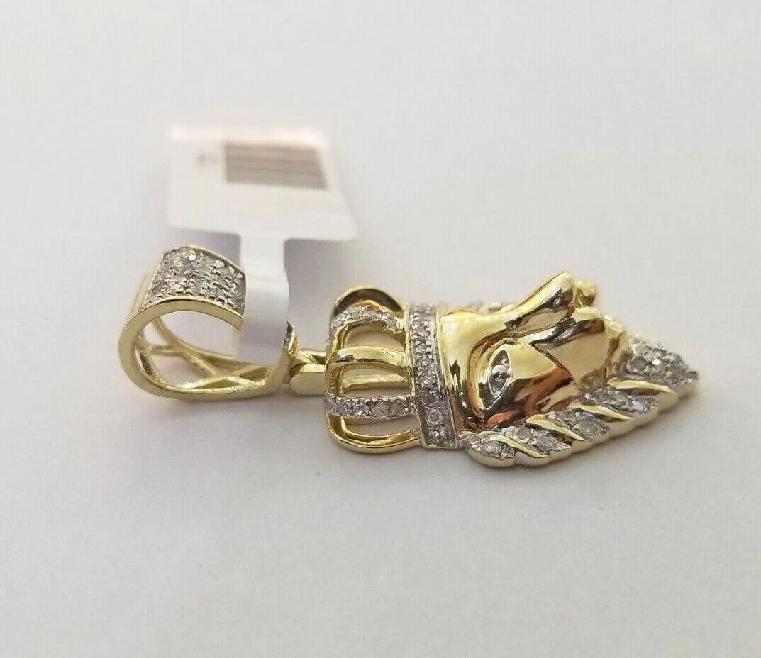 Real Diamond Pendant King Lion Head Men Crown Charm 10k Yellow Gold 1" - Image 2