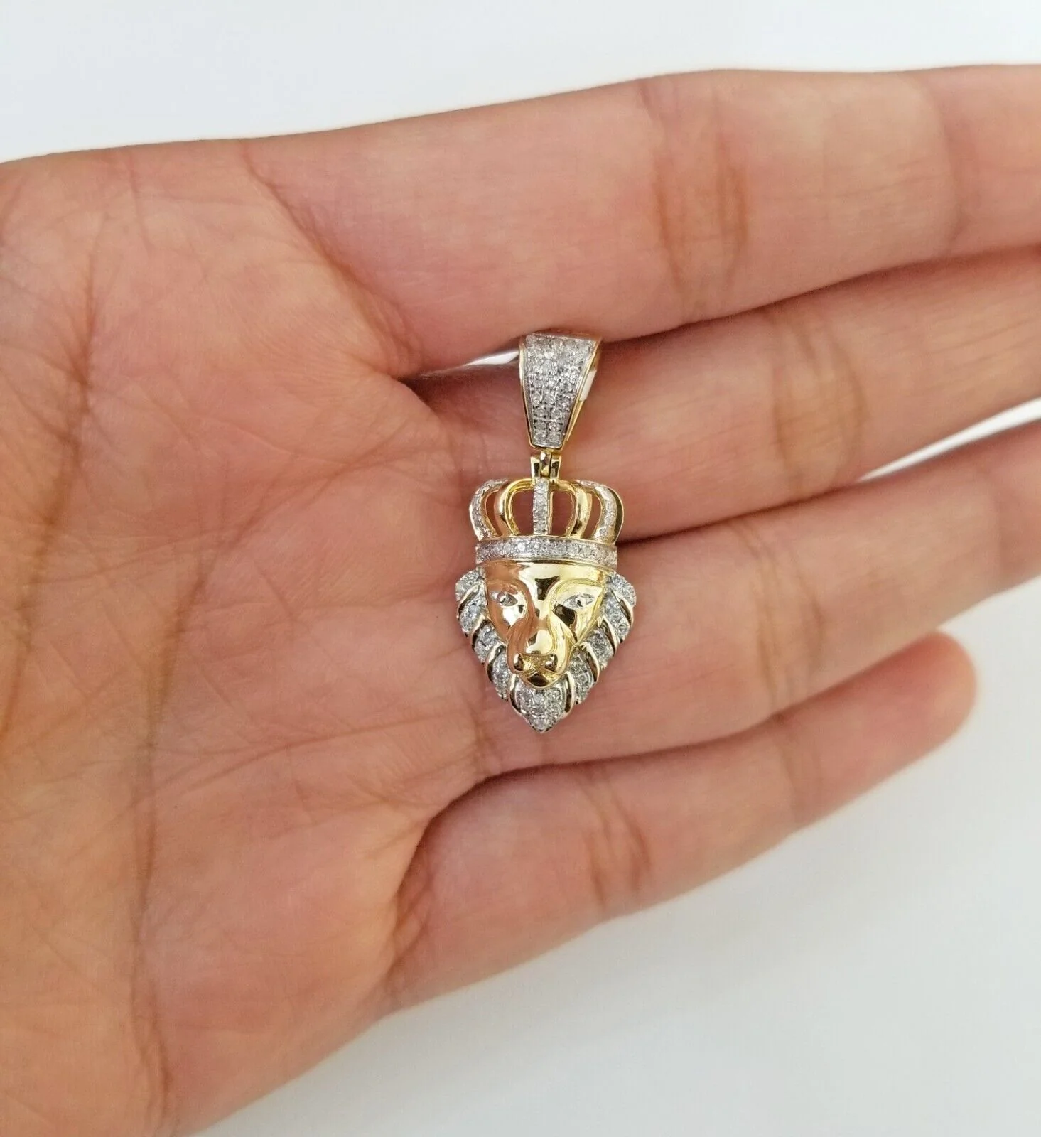 Real Diamond Pendant King Lion Head Men Crown Charm 10k Yellow Gold 1" - Image 4