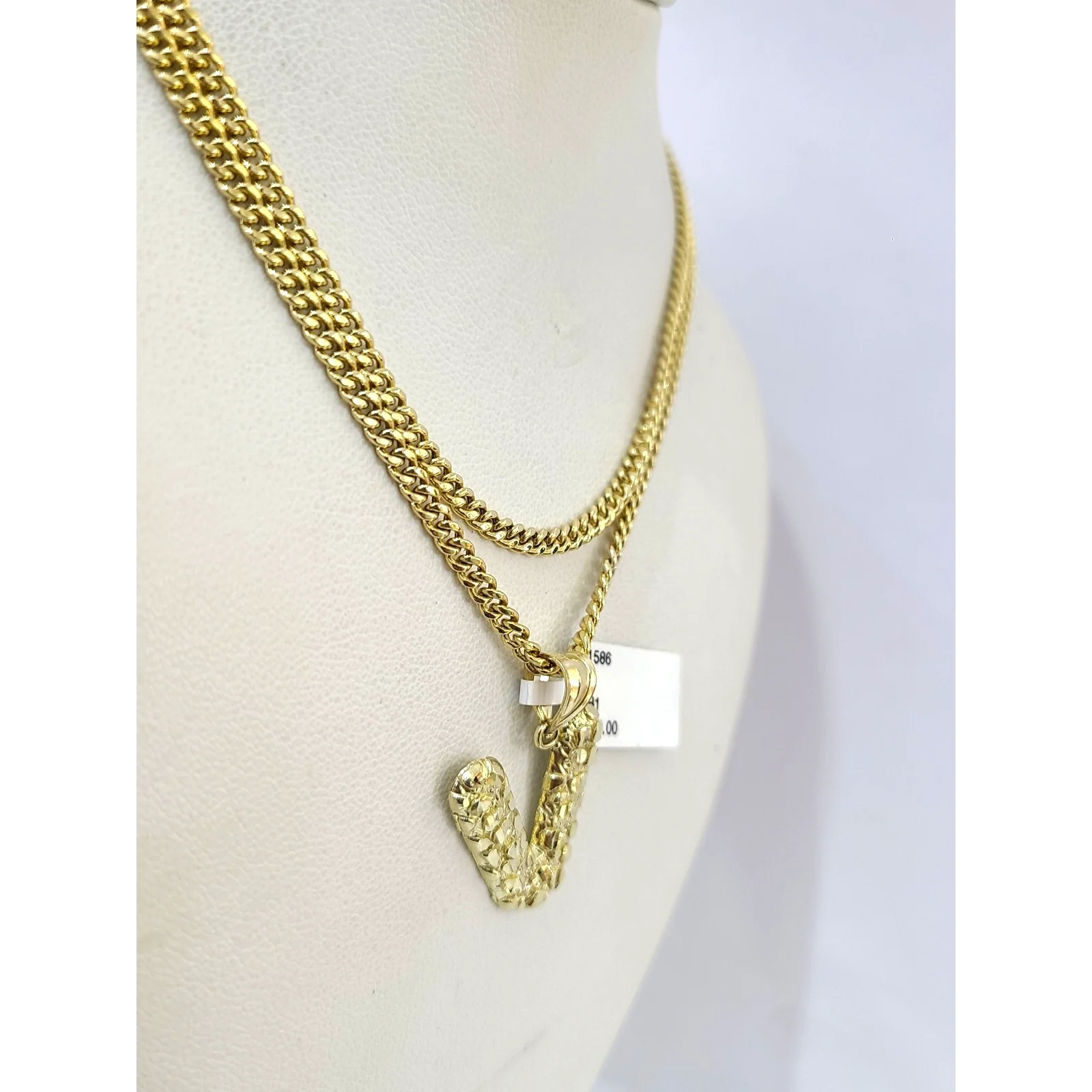 Real Gold 10k Chain Miami Cuban Link 2.5mm V Initial Charm Necklace Pendant SET - Image 2