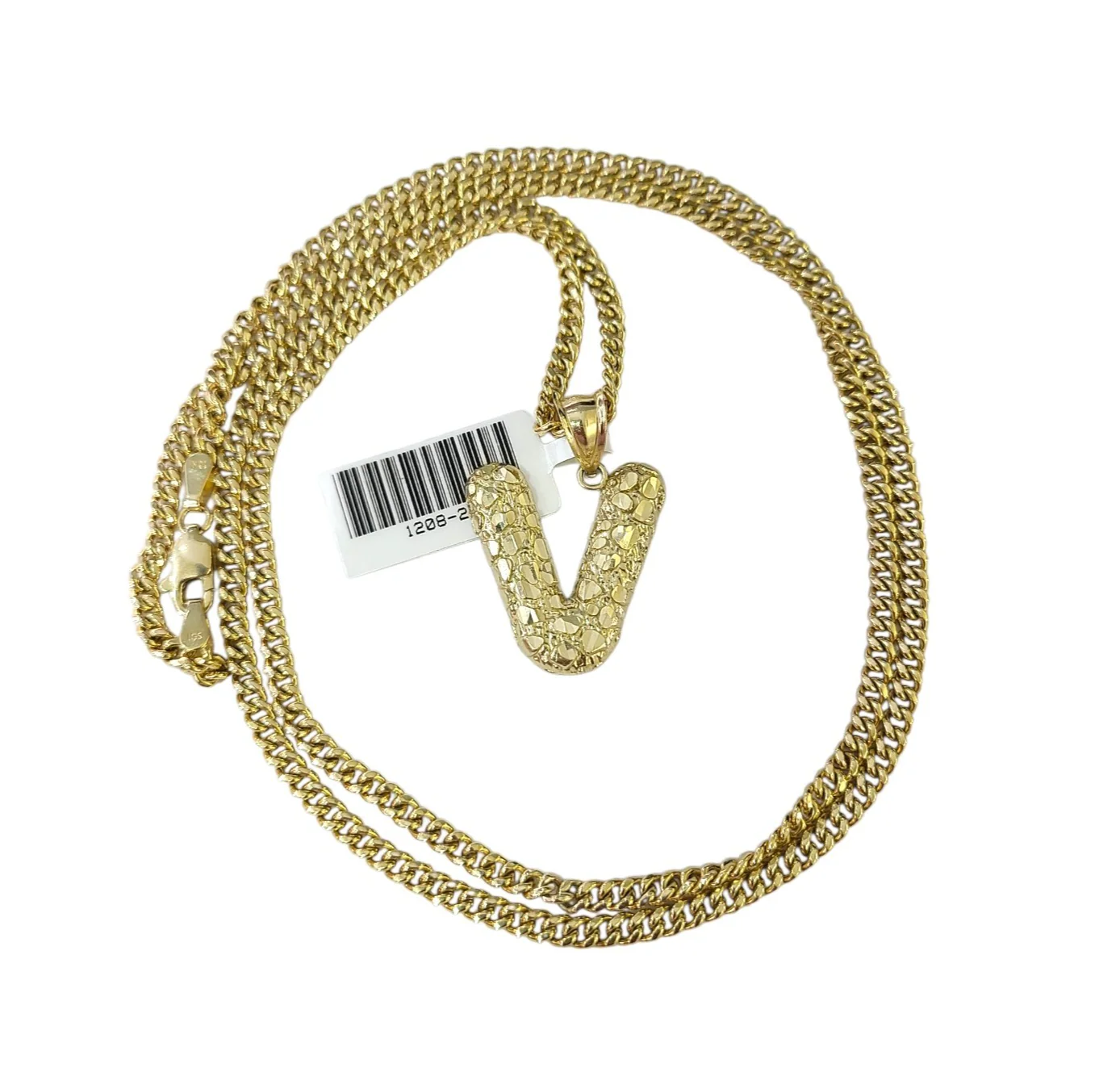 Real Gold 10k Chain Miami Cuban Link 2.5mm V Initial Charm Necklace Pendant SET - Image 3