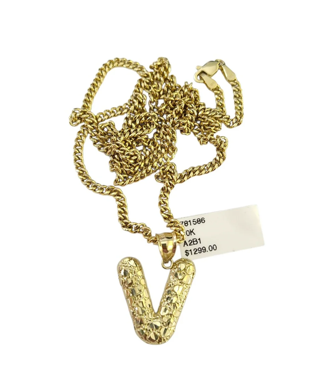 Real Gold 10k Chain Miami Cuban Link 2.5mm V Initial Charm Necklace Pendant SET - Image 4