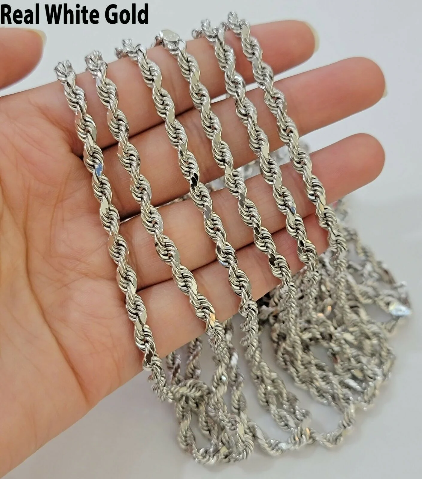 Real Gold 10k Rope Necklace Men's Chain 4mm 20" 22" 24" White Gold Diamond Cuts - Image 2