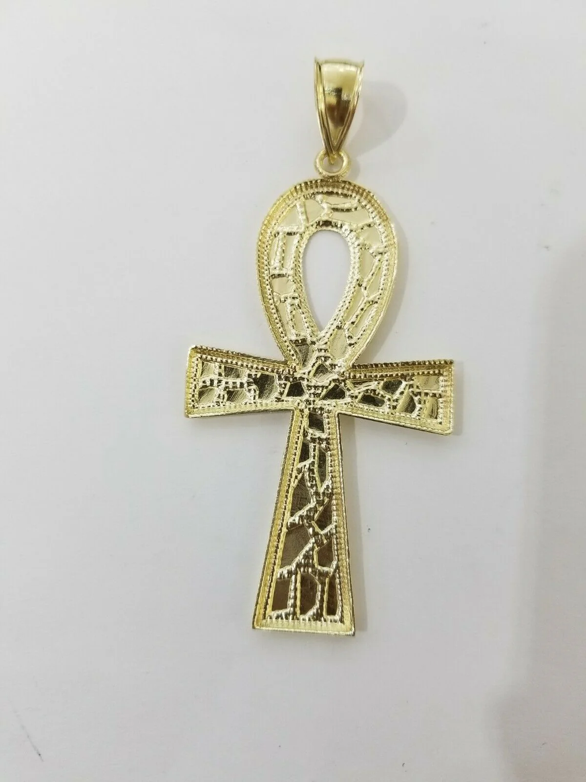 Real Gold Ankh Cross Charm Pendant 10k Yellow Gold Nugget Diamond Cuts Men Women - Image 5