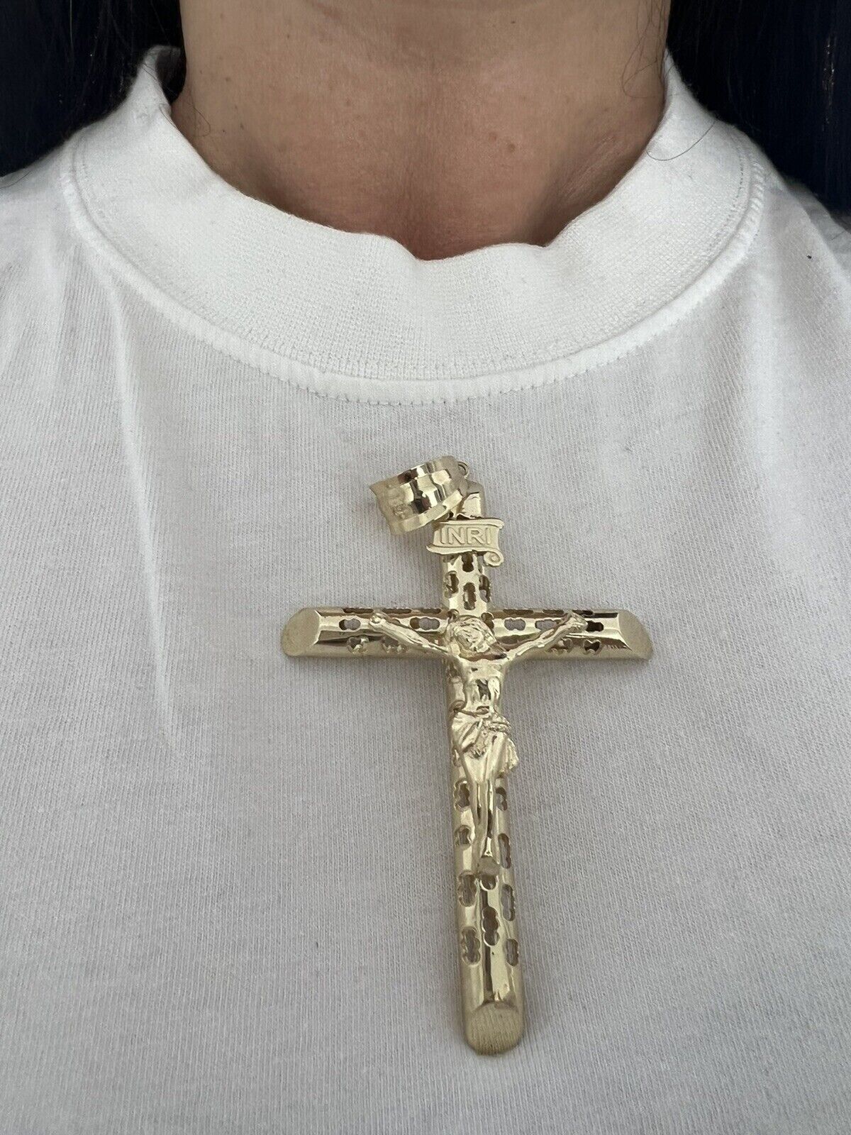 Real Gold Cross Charm Jesus christ pendant INRI crucifix 10k Yellow oro 2.4 Inch - Image 3