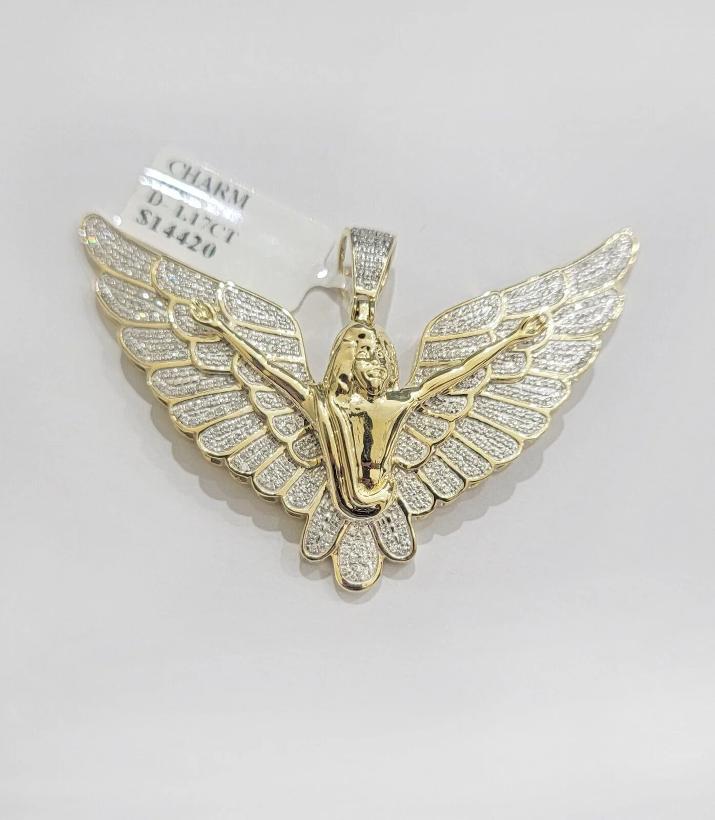 Real Gold Diamond Angel Wing Charm Pendant 10k yellow Gold 1.17 CT Mens 1.5 Inch - Image 2