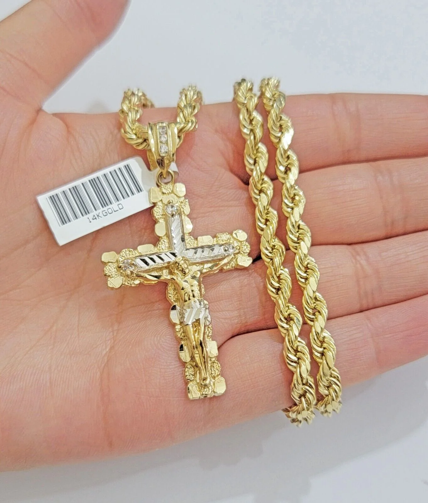 Rope Chain Cross Charm Pendant Set 14k Gold Necklace 20"-28" Inch 5mm, REAL 14KT - Image 3