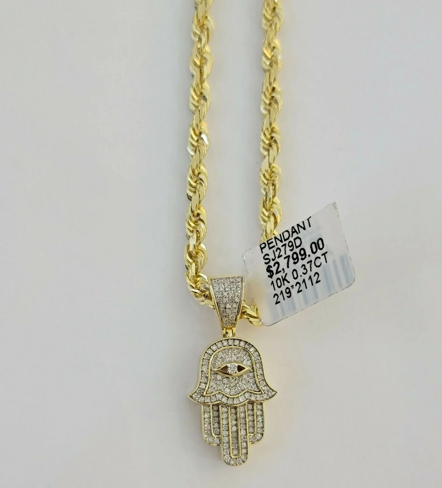 Solid 10k Gold Rope Chain Diamond Pendant Hamza Hand Charm Necklace 22" SET REAL - Image 7