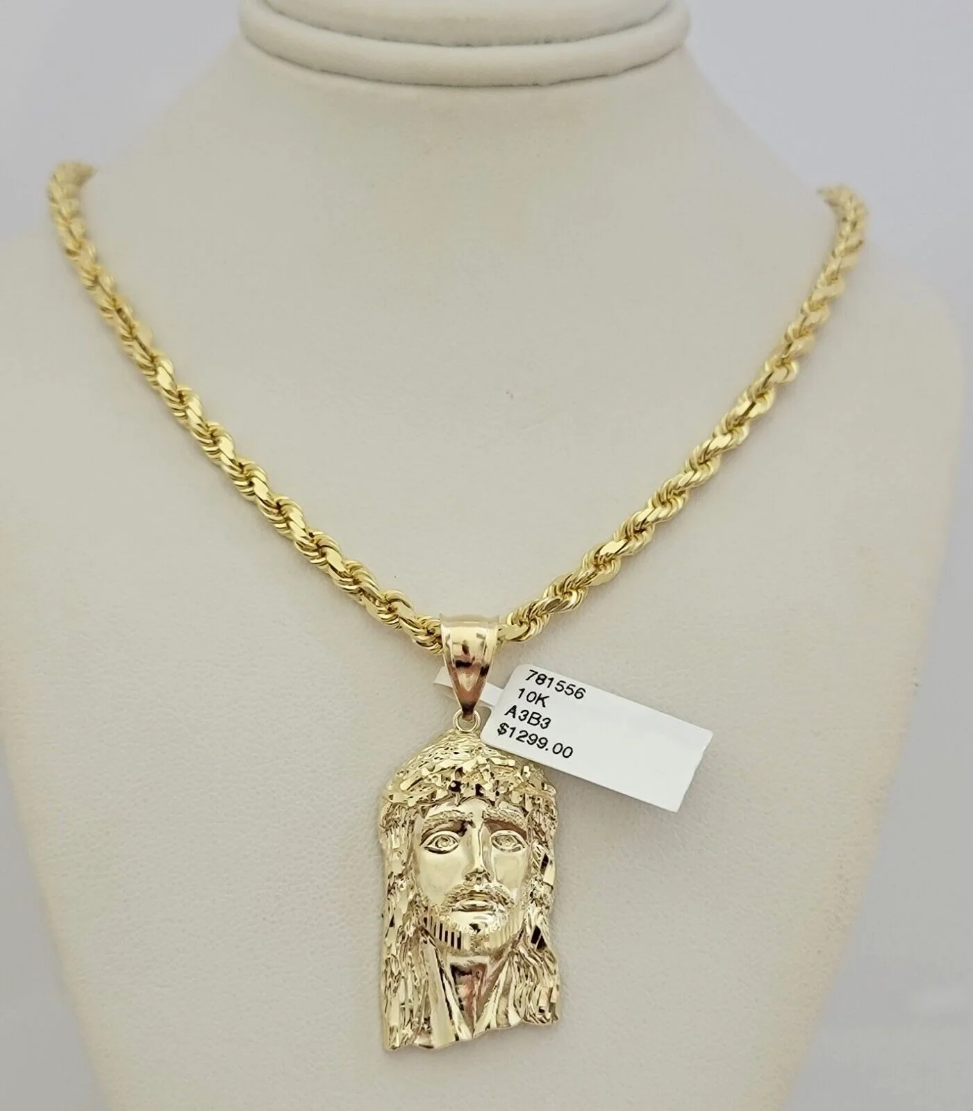 Solid 10k Gold Rope Chain Pendant SET Jesus Face Charm Necklace 4mm 20" Choker - Image 3
