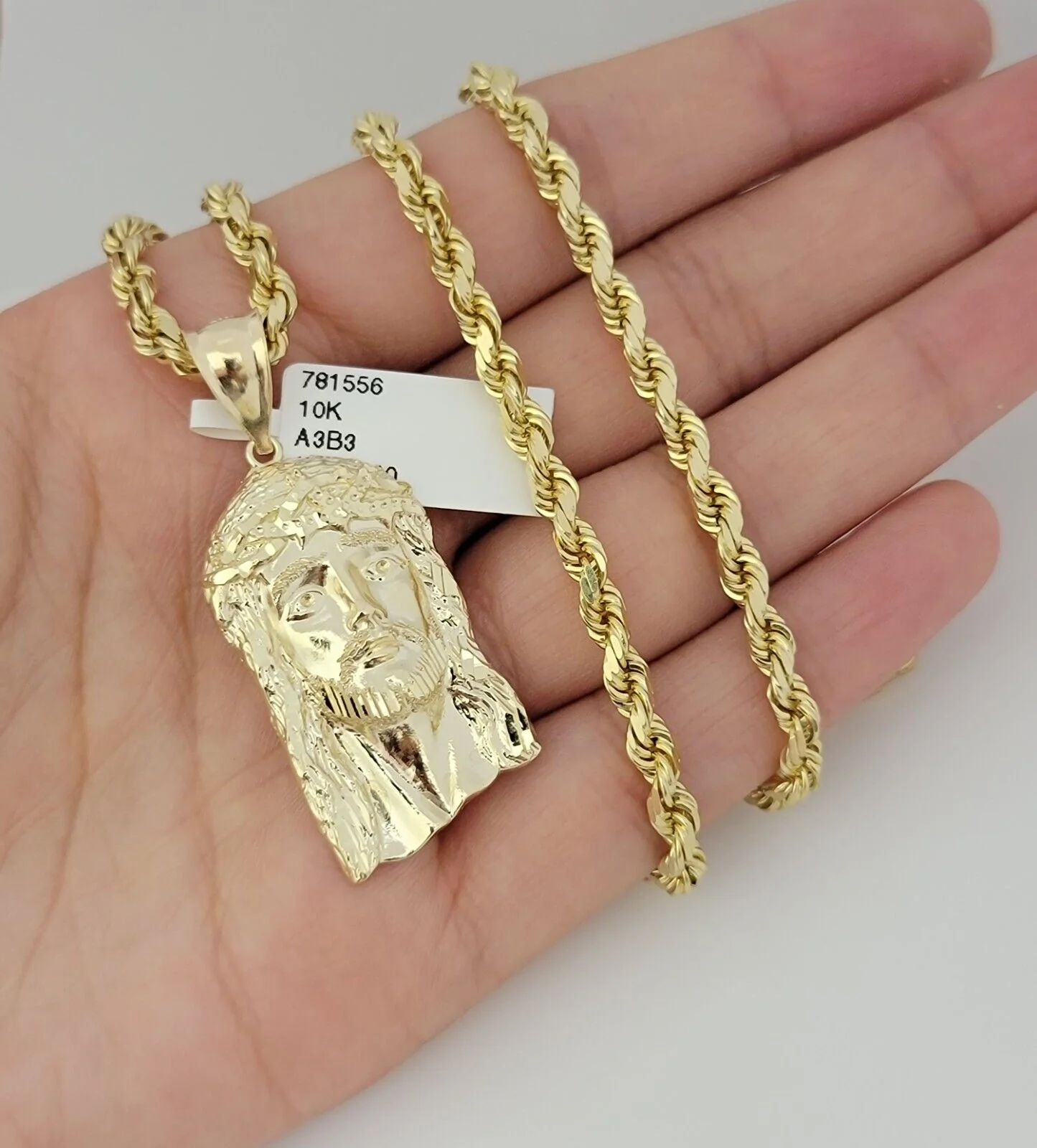 Solid 10k Gold Rope Chain Pendant SET Jesus Face Charm Necklace 4mm 20" Choker - Image 4