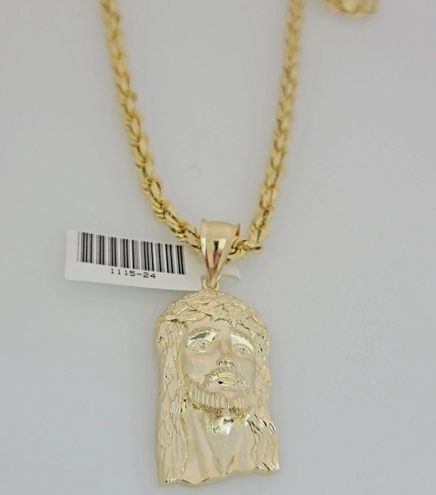 Solid 10k Gold Rope Chain Pendant SET Jesus Face Charm Necklace 4mm 20" Choker - Image 5