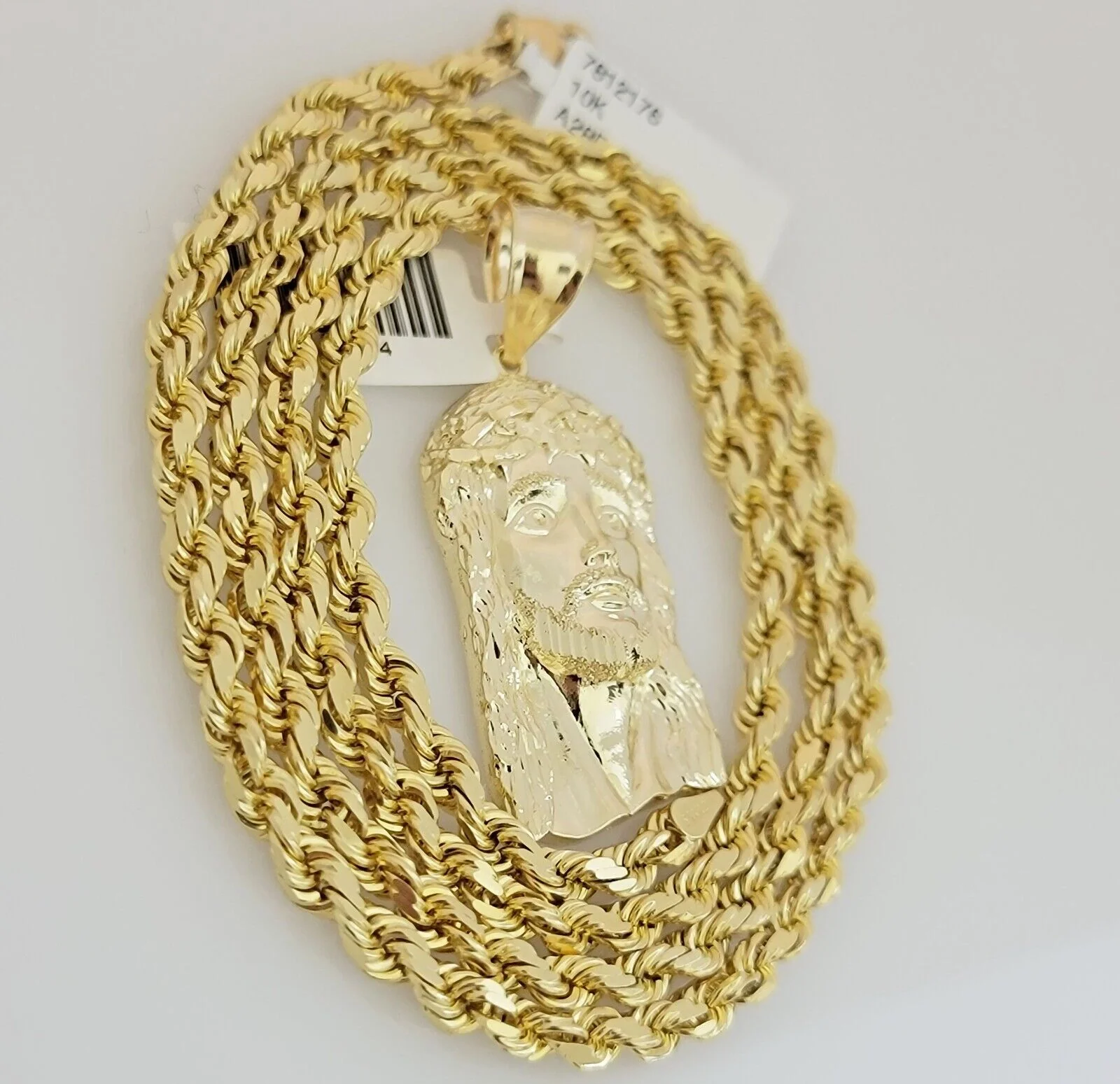 Solid 10k Gold Rope Chain Pendant SET Jesus Face Charm Necklace 4mm 20" Choker - Image 6